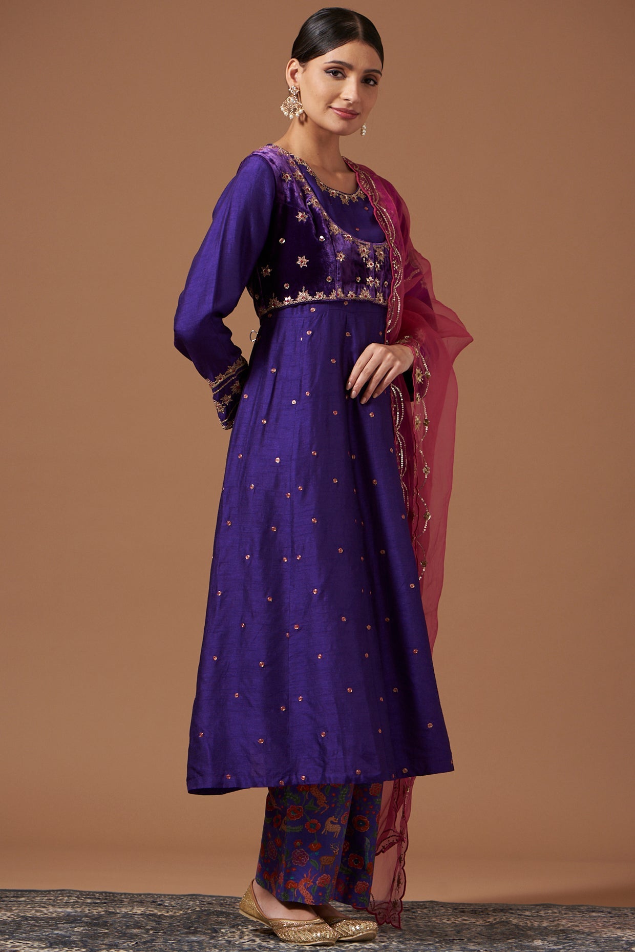 Anarkali Kurta with Velvet Jacket, Printed Pants Dupatta – Pooja