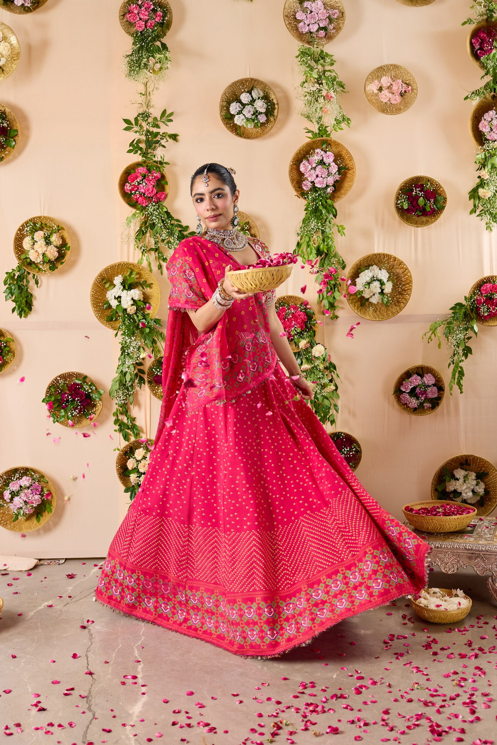 Patola Bandhej print lehenga with embroidered blouse and Dupatta