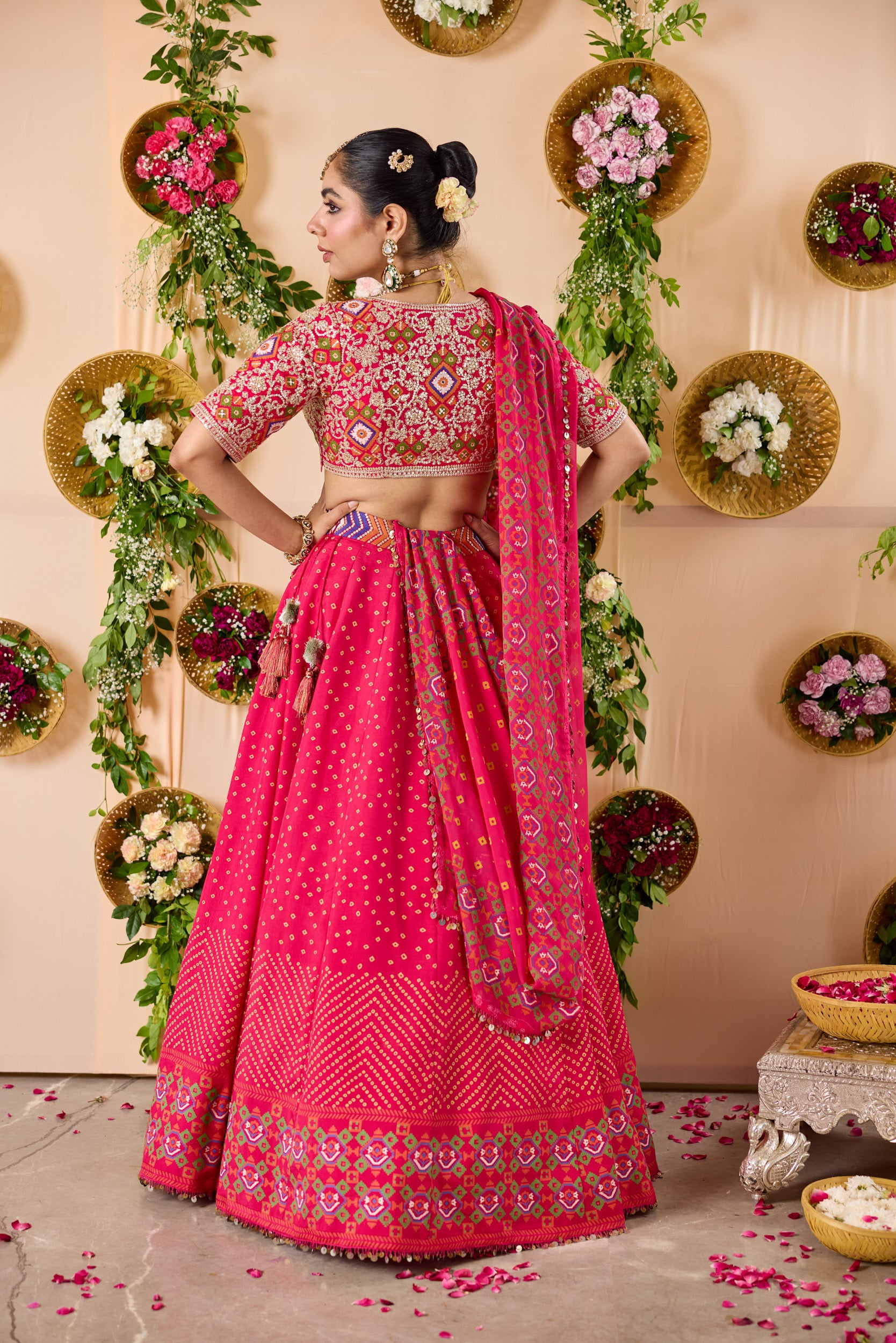 Patola Bandhej print lehenga with embroidered blouse and Dupatta