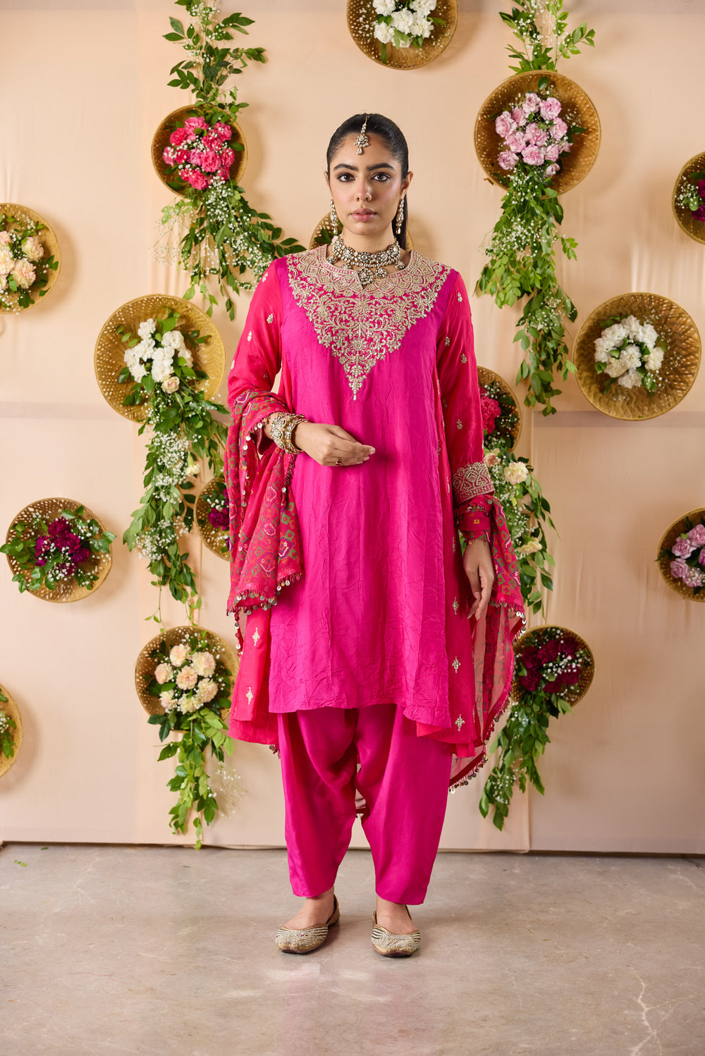 Khushnama color block kurta with hand embroidery , dhoti pants & Dupatta