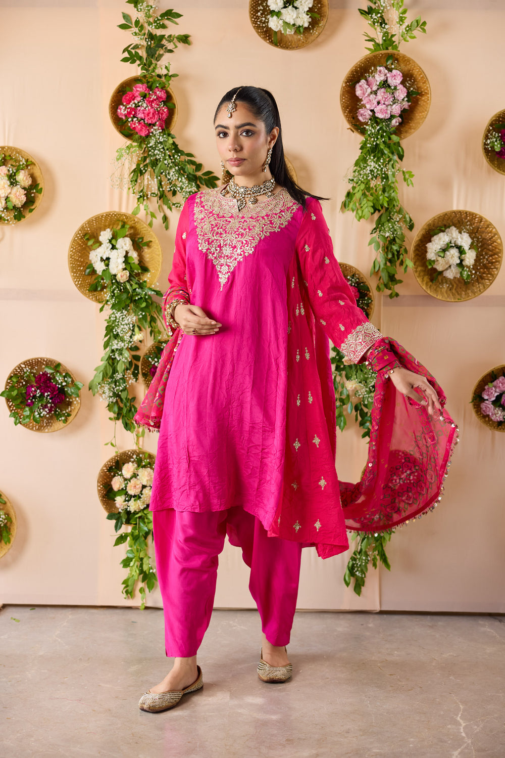 Khushnama color block kurta with hand embroidery , dhoti pants & Dupatta
