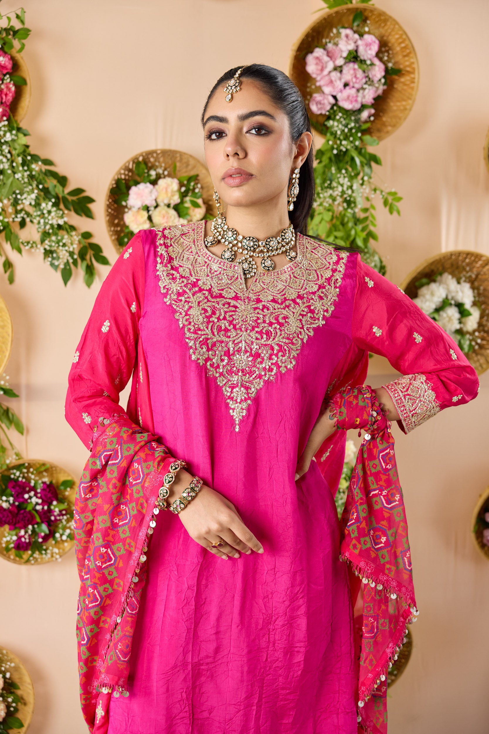 Khushnama color block kurta with hand embroidery , dhoti pants & Dupatta