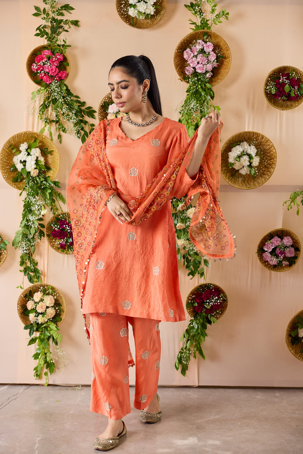 Embroidered Silk kurta with pants & dupatta