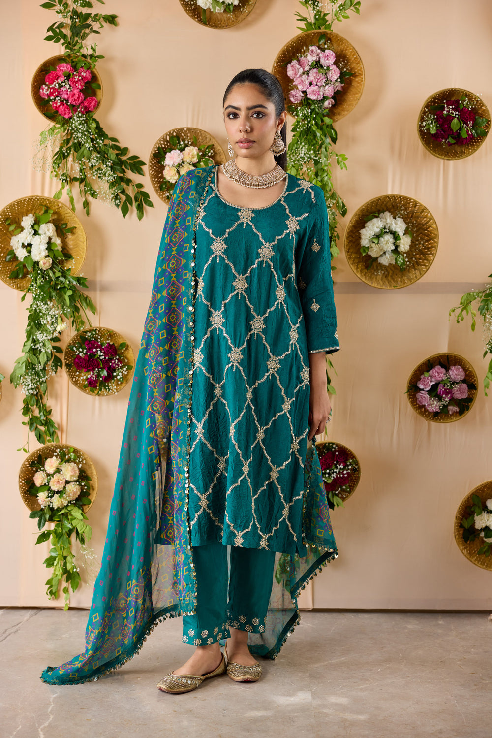 Crush Silk embroidered kurta with pants and dupatta