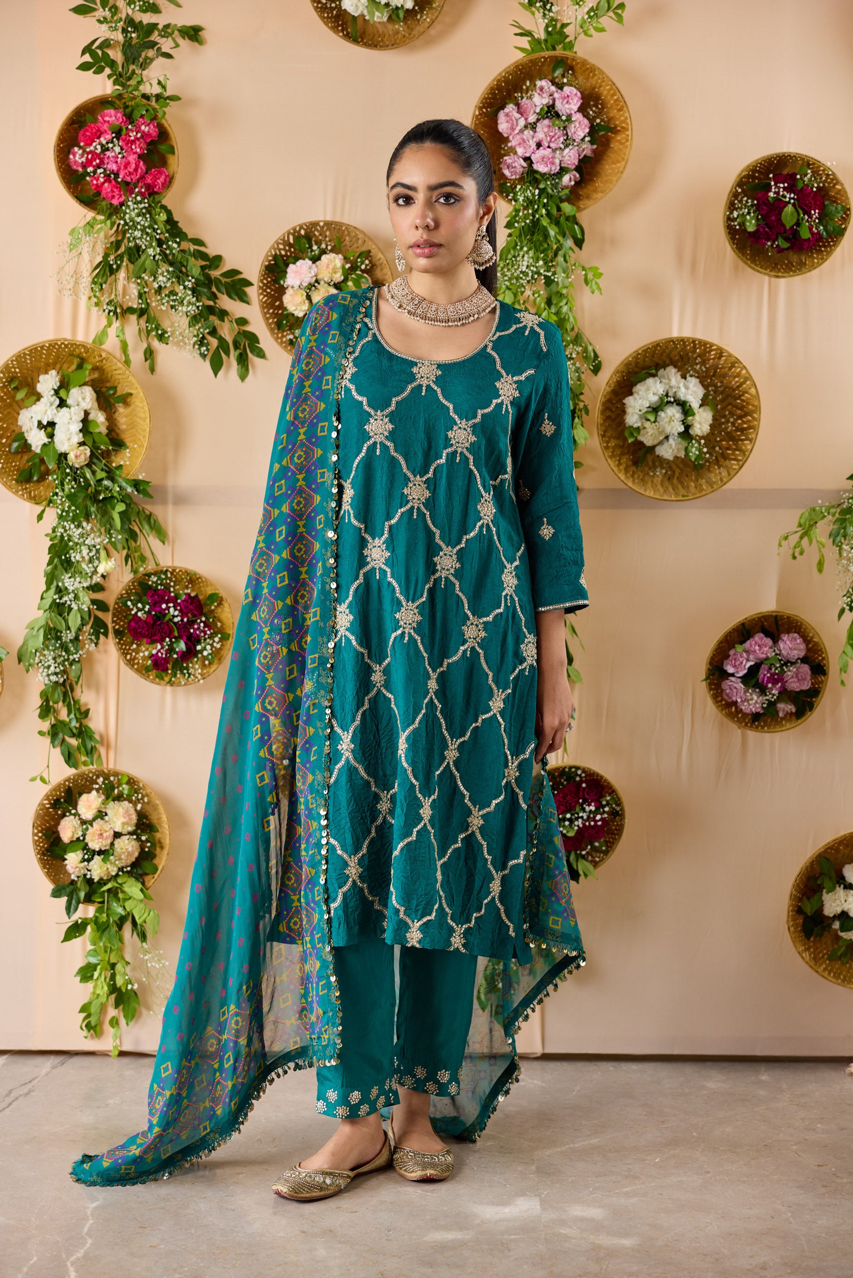 Crush Silk embroidered kurta with pants and dupatta