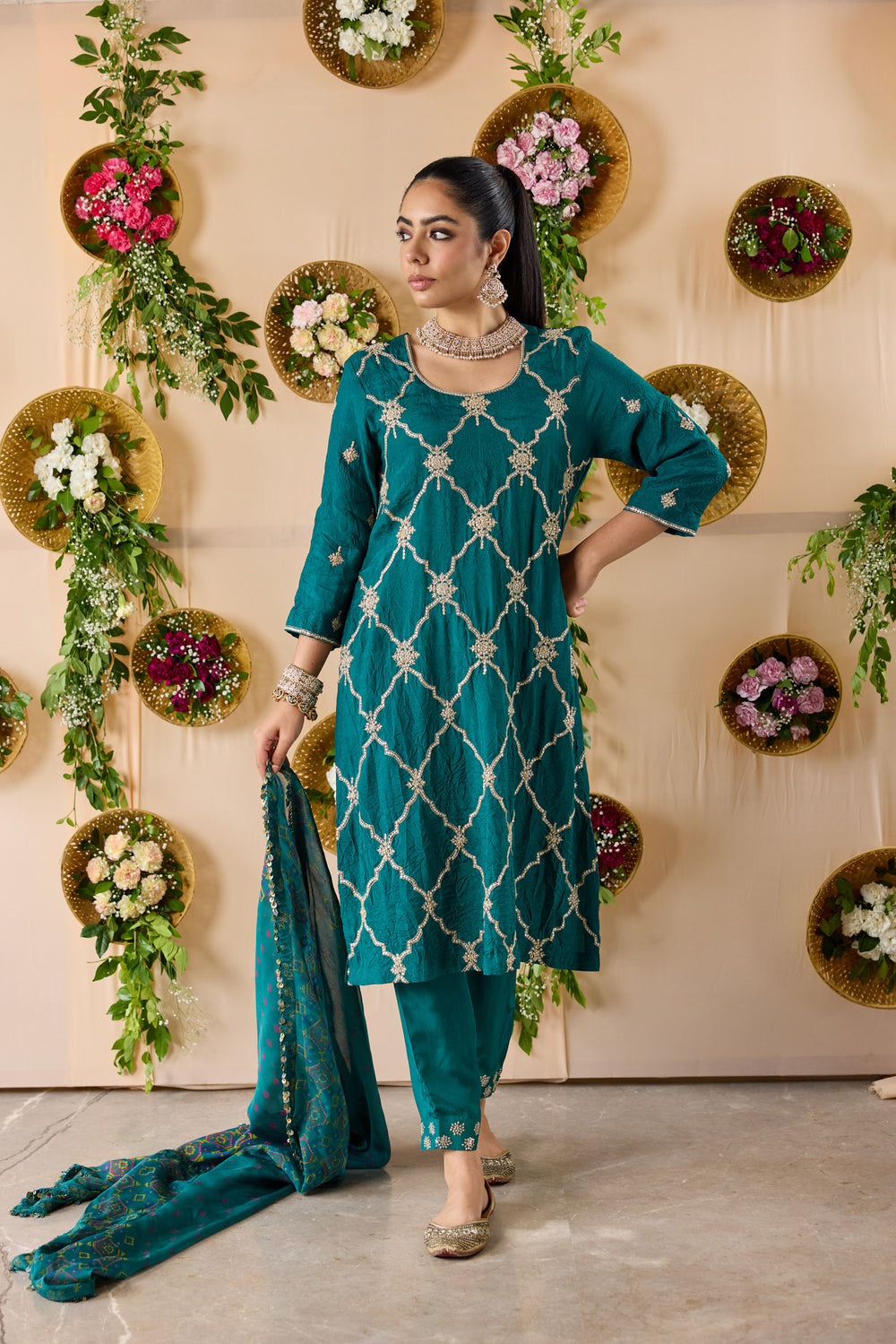 Crush Silk embroidered kurta with pants and dupatta