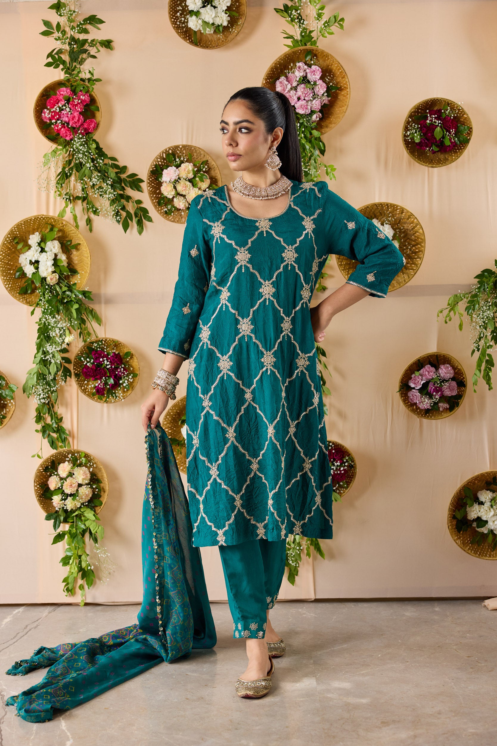 Crush Silk embroidered kurta with pants and dupatta