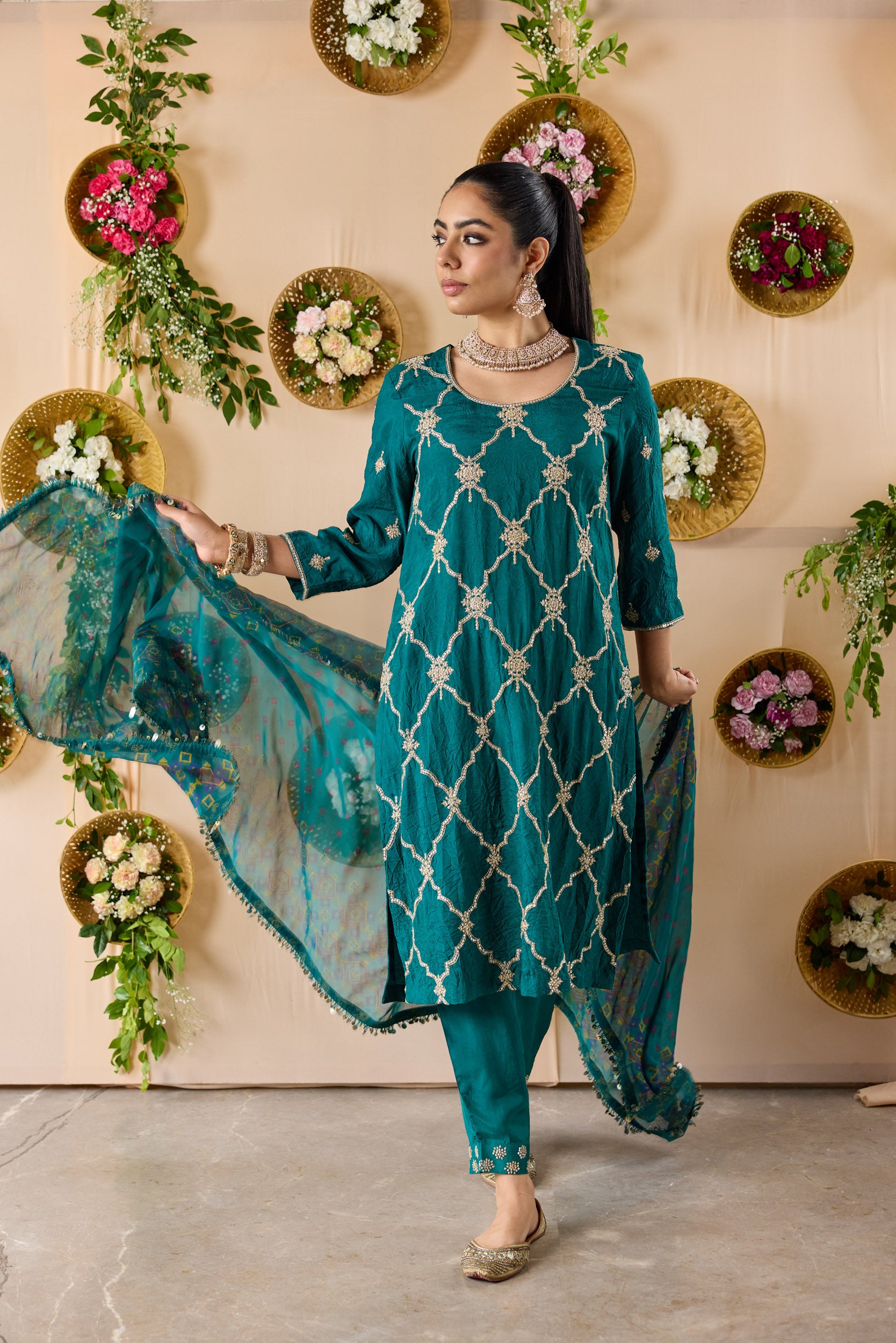 Crush Silk embroidered kurta with pants and dupatta
