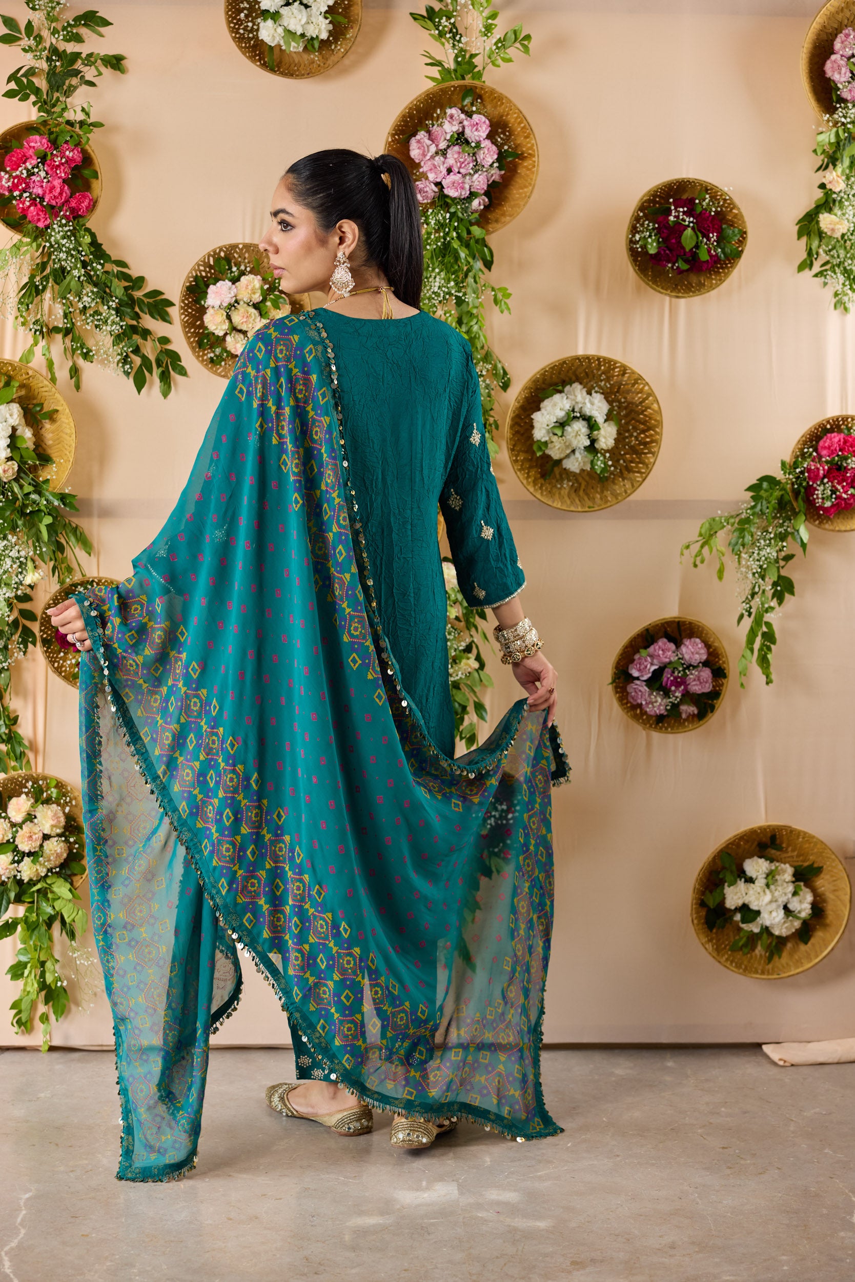 Crush Silk embroidered kurta with pants and dupatta