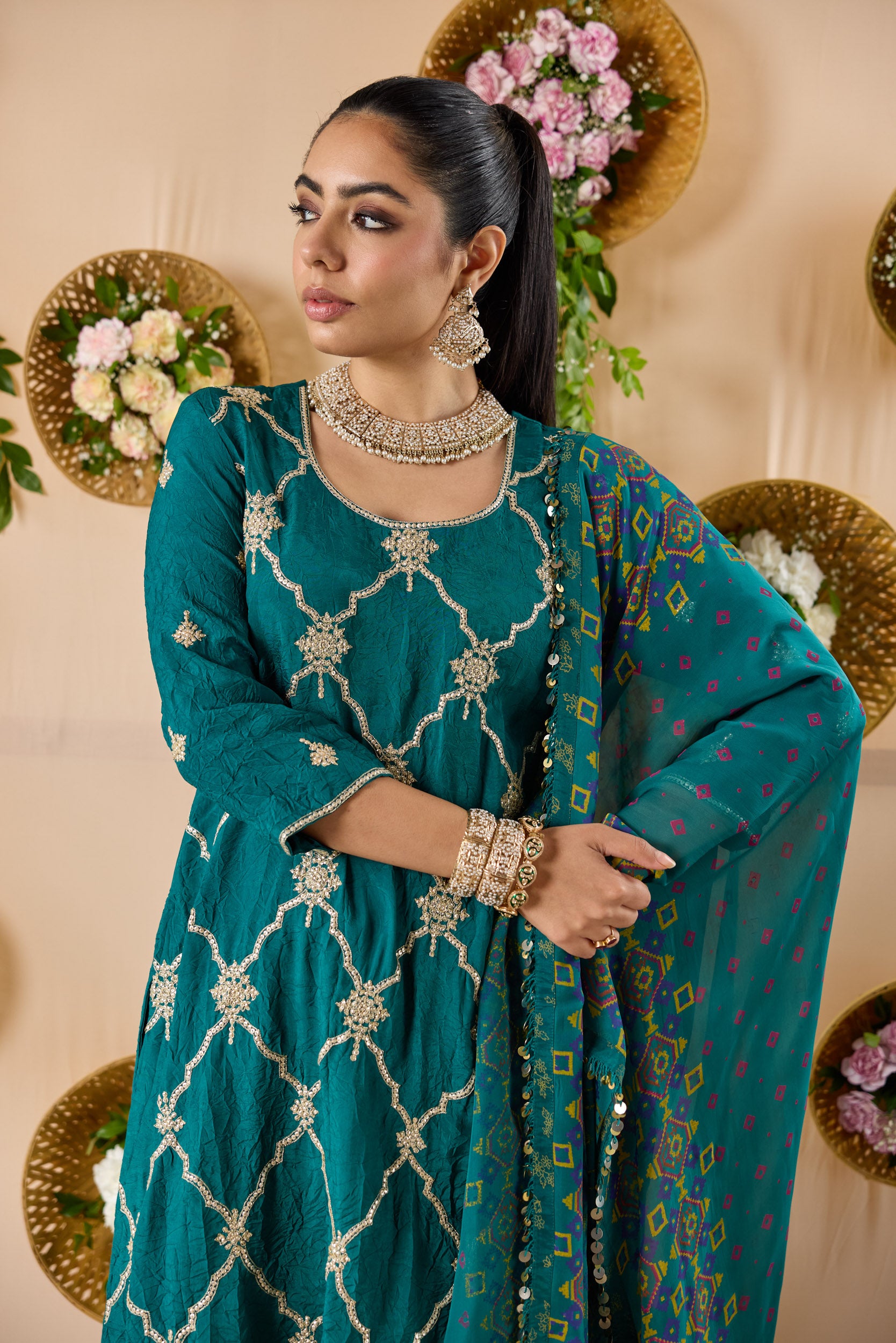 Crush Silk embroidered kurta with pants and dupatta