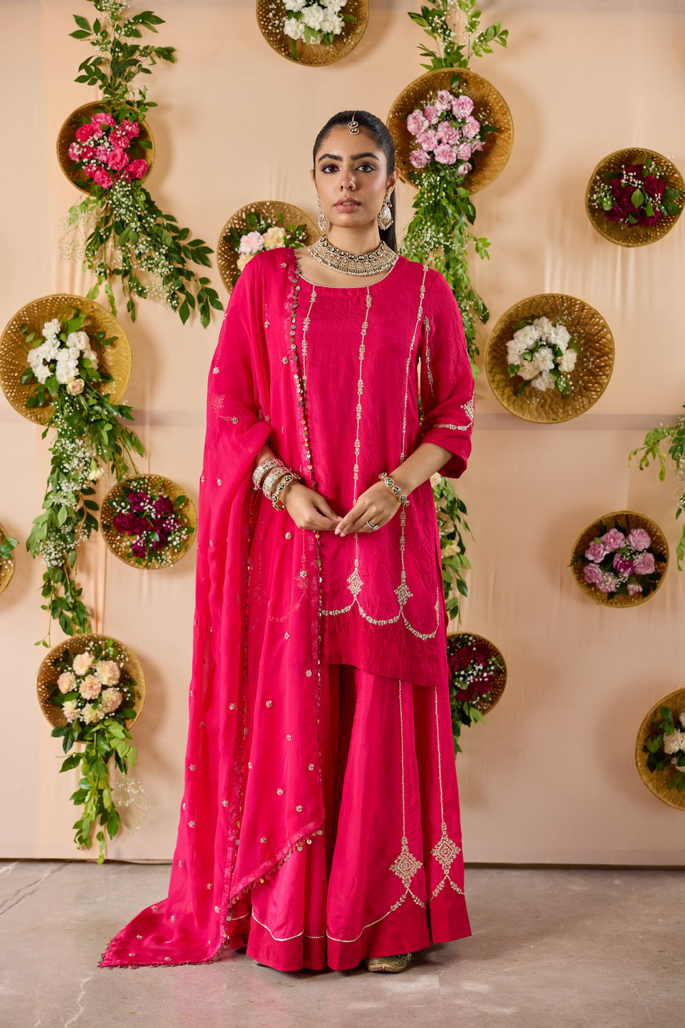 Magenta Kurta and Sharara set with Embroidered dupatta