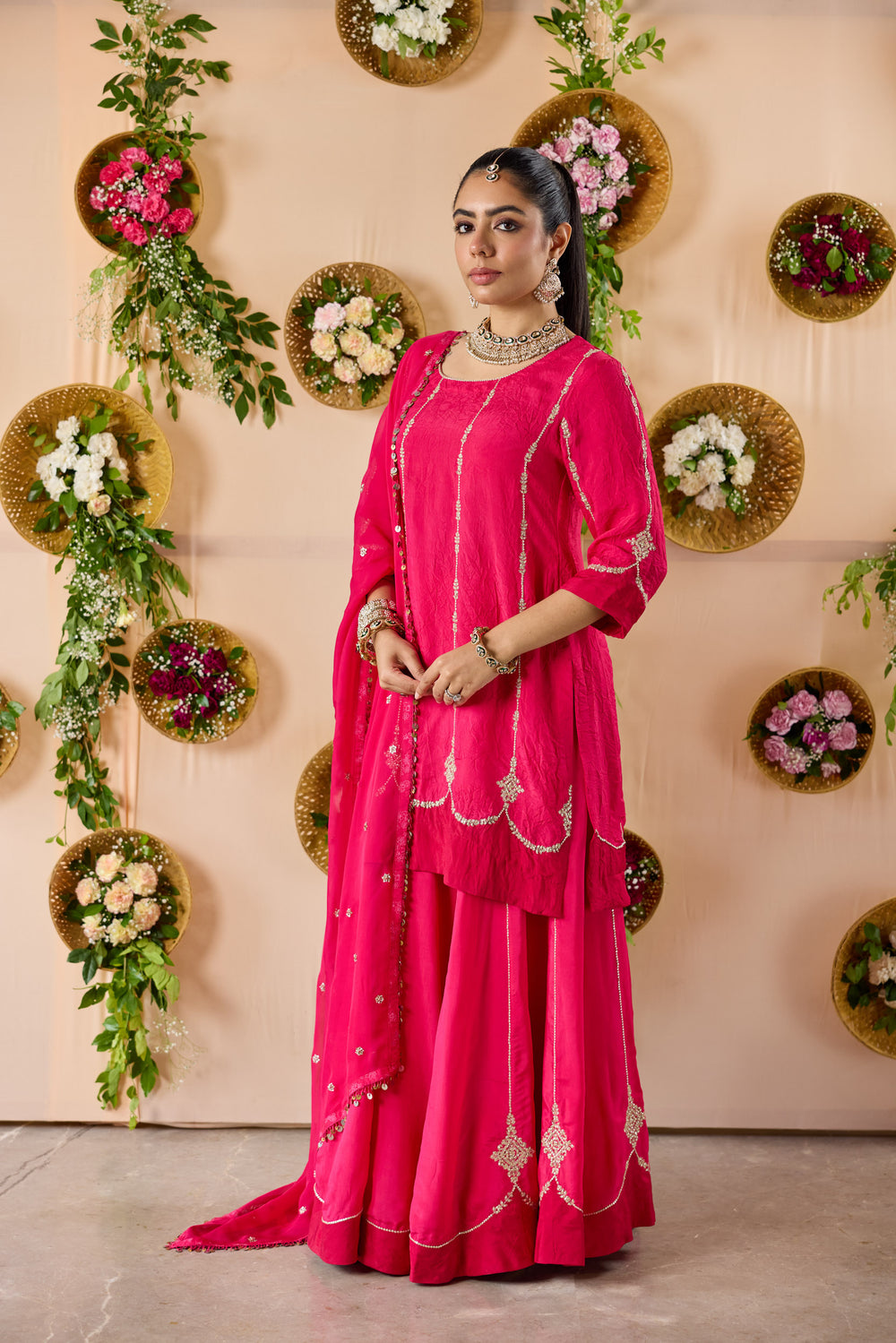 Magenta Kurta and Sharara set with Embroidered dupatta