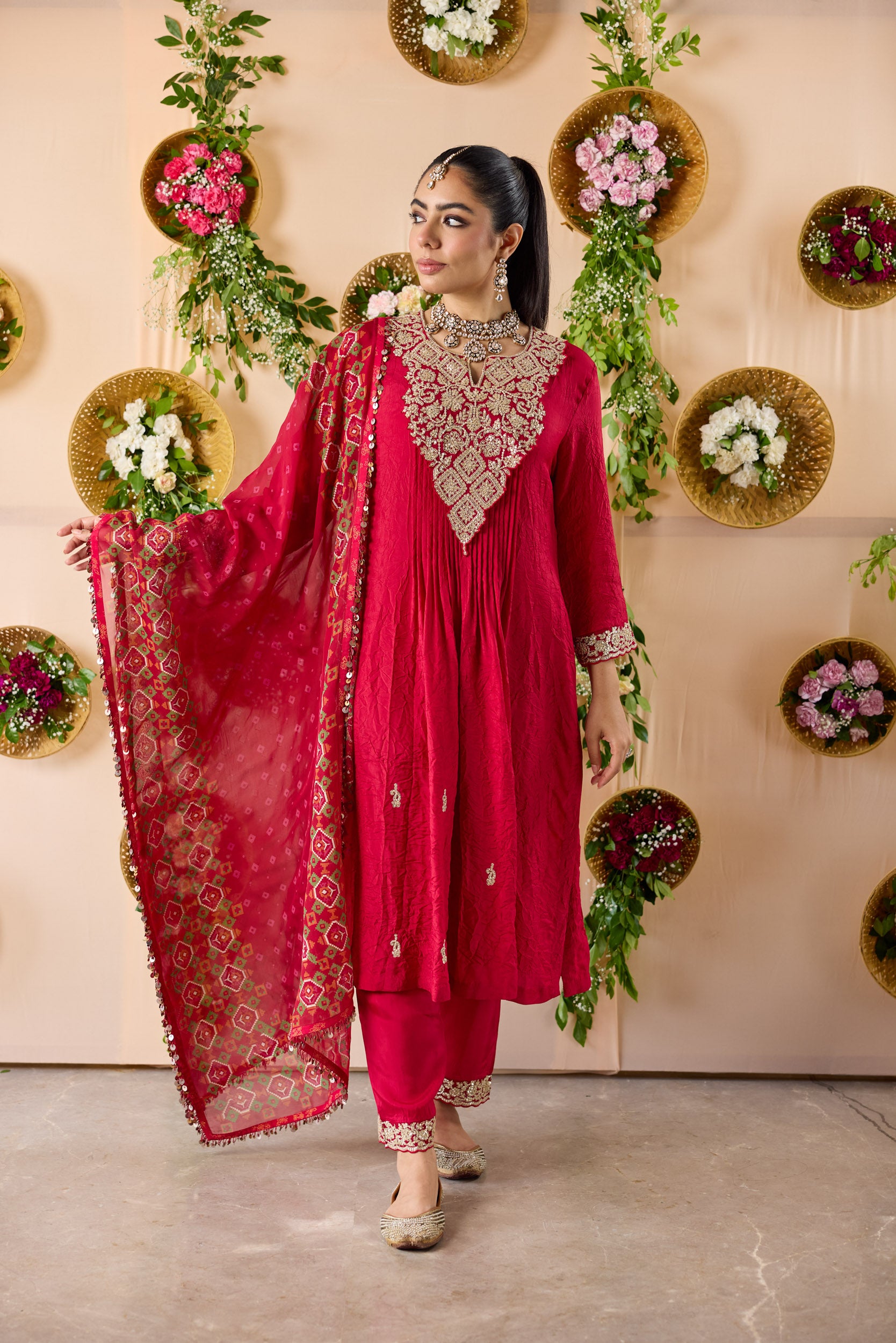Gulab Pintuck silk kurta with pants & dupatta