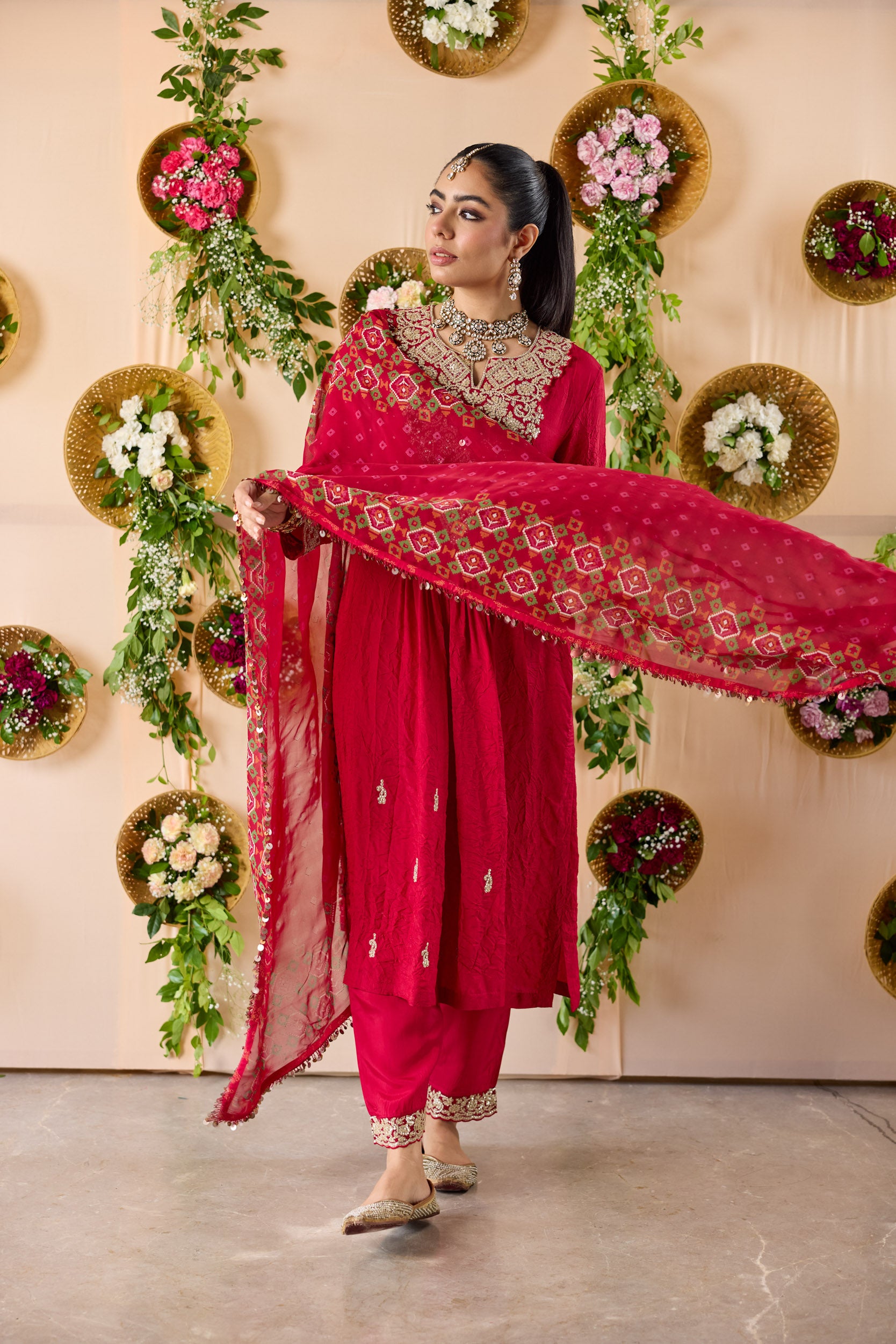 Gulab Pintuck silk kurta with pants & dupatta
