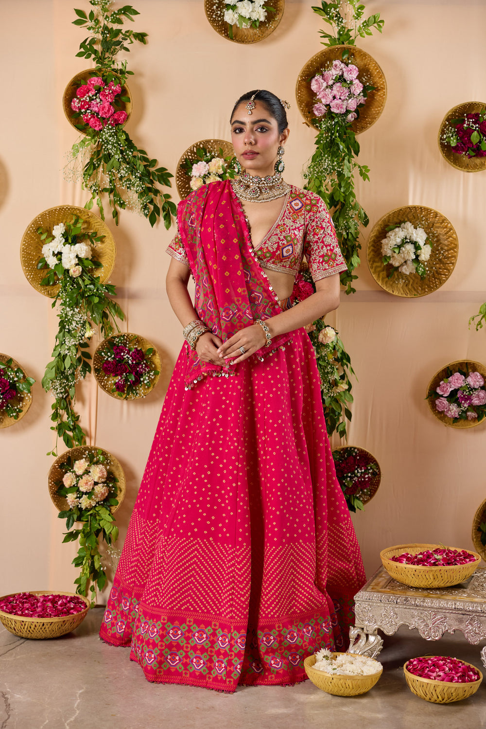Patola Bandhej print lehenga with embroidered blouse and Dupatta