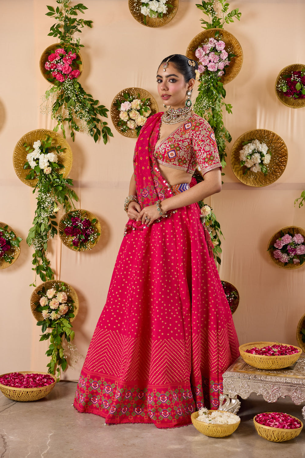 Patola Bandhej print lehenga with embroidered blouse and Dupatta
