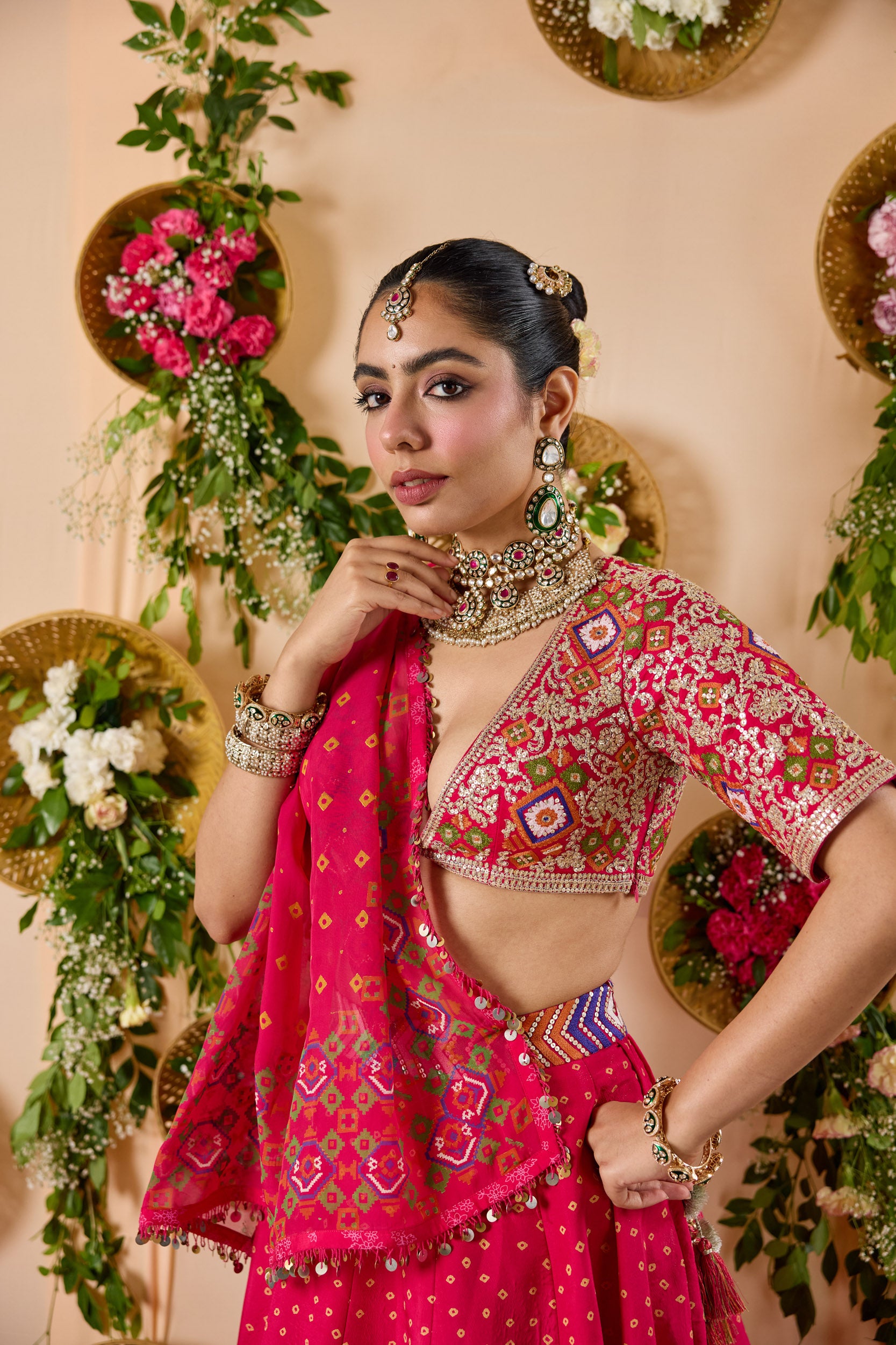 Patola Bandhej print lehenga with embroidered blouse and Dupatta