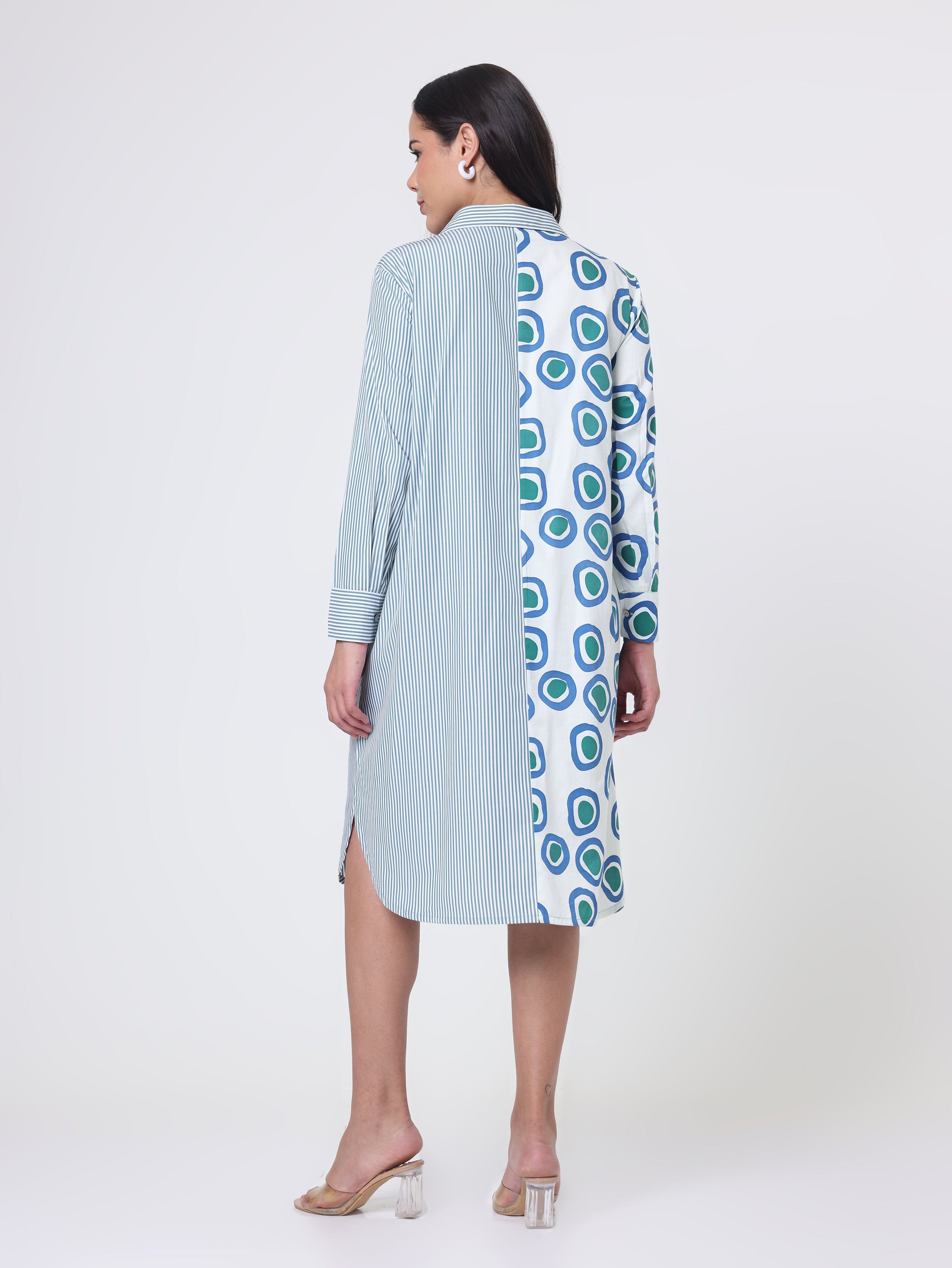 Shirt dress with Bead Embroidery patch in Stripe & Print cotton