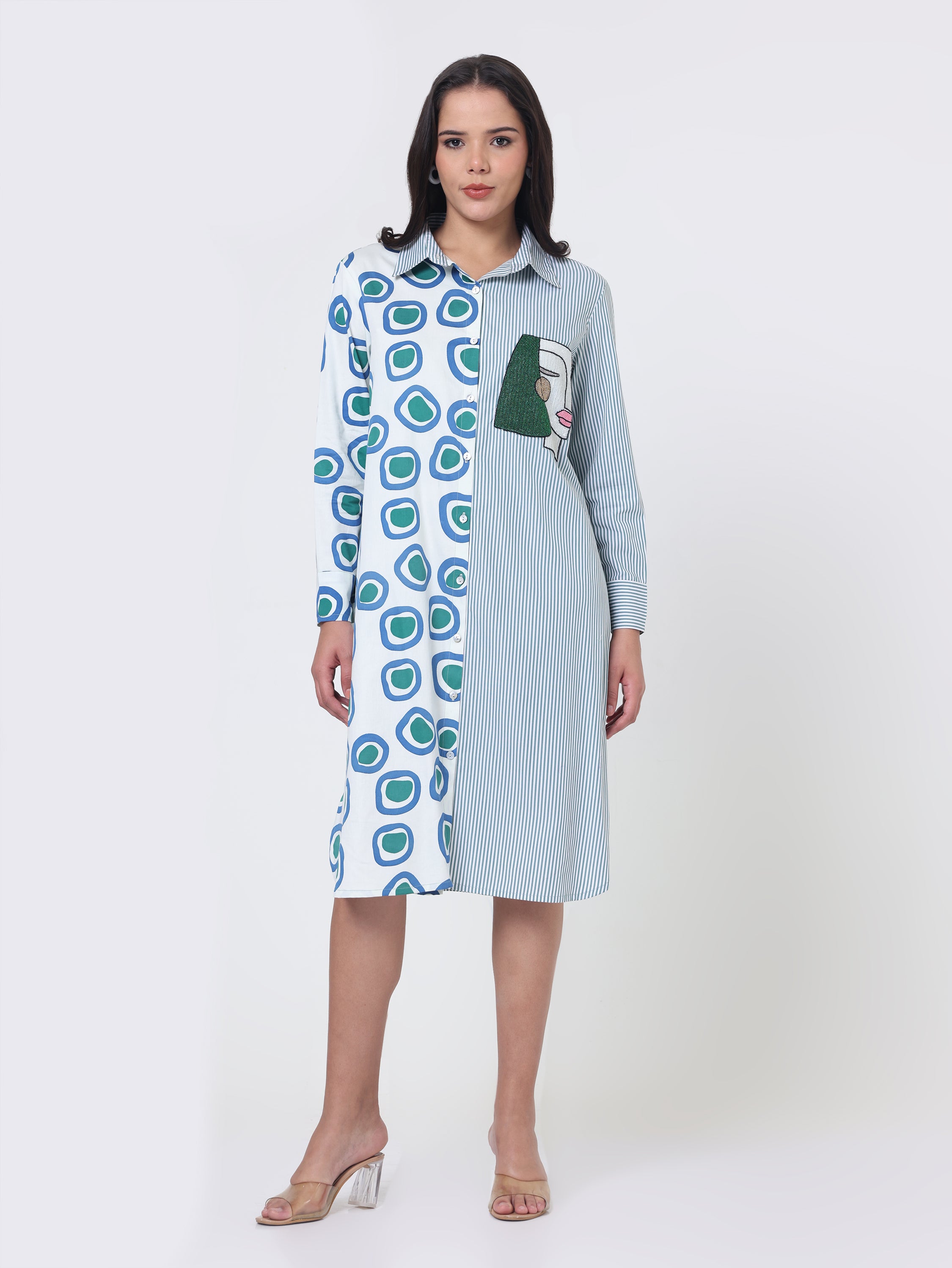 Shirt dress with Bead Embroidery patch in Stripe & Print cotton