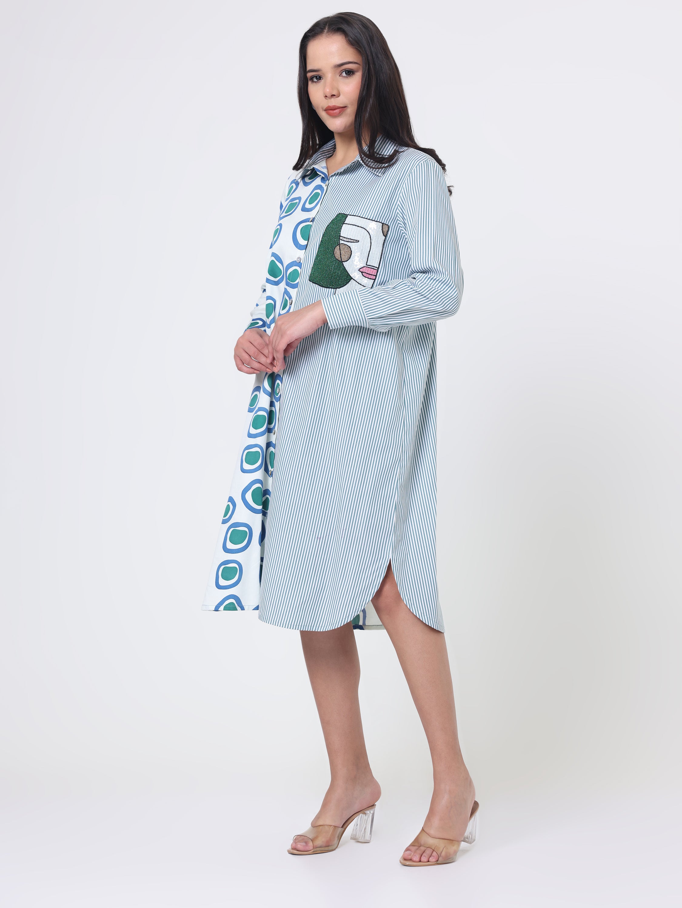 Shirt dress with Bead Embroidery patch in Stripe & Print cotton