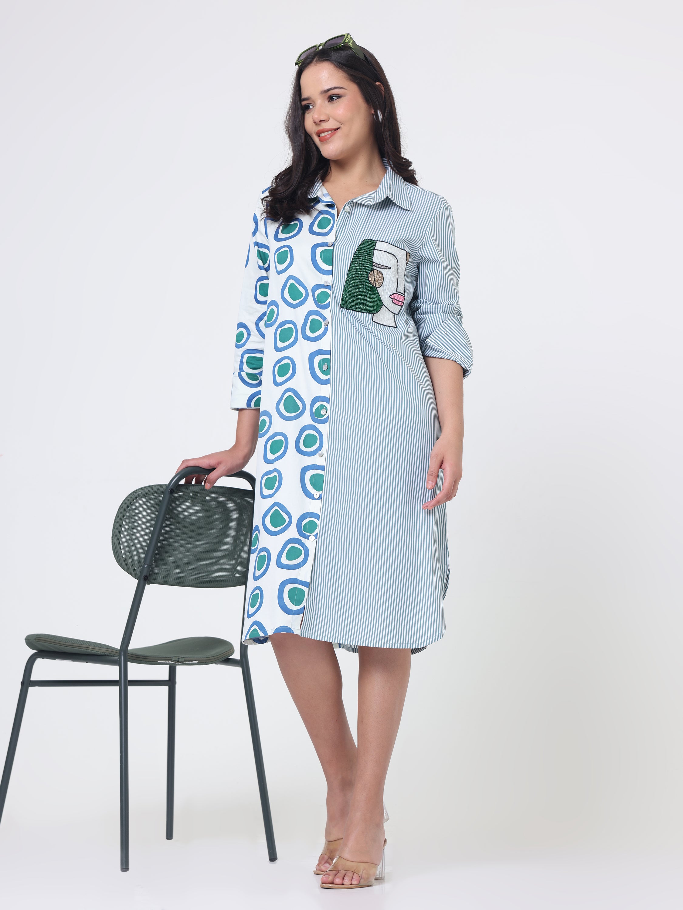 Shirt dress with Bead Embroidery patch in Stripe & Print cotton