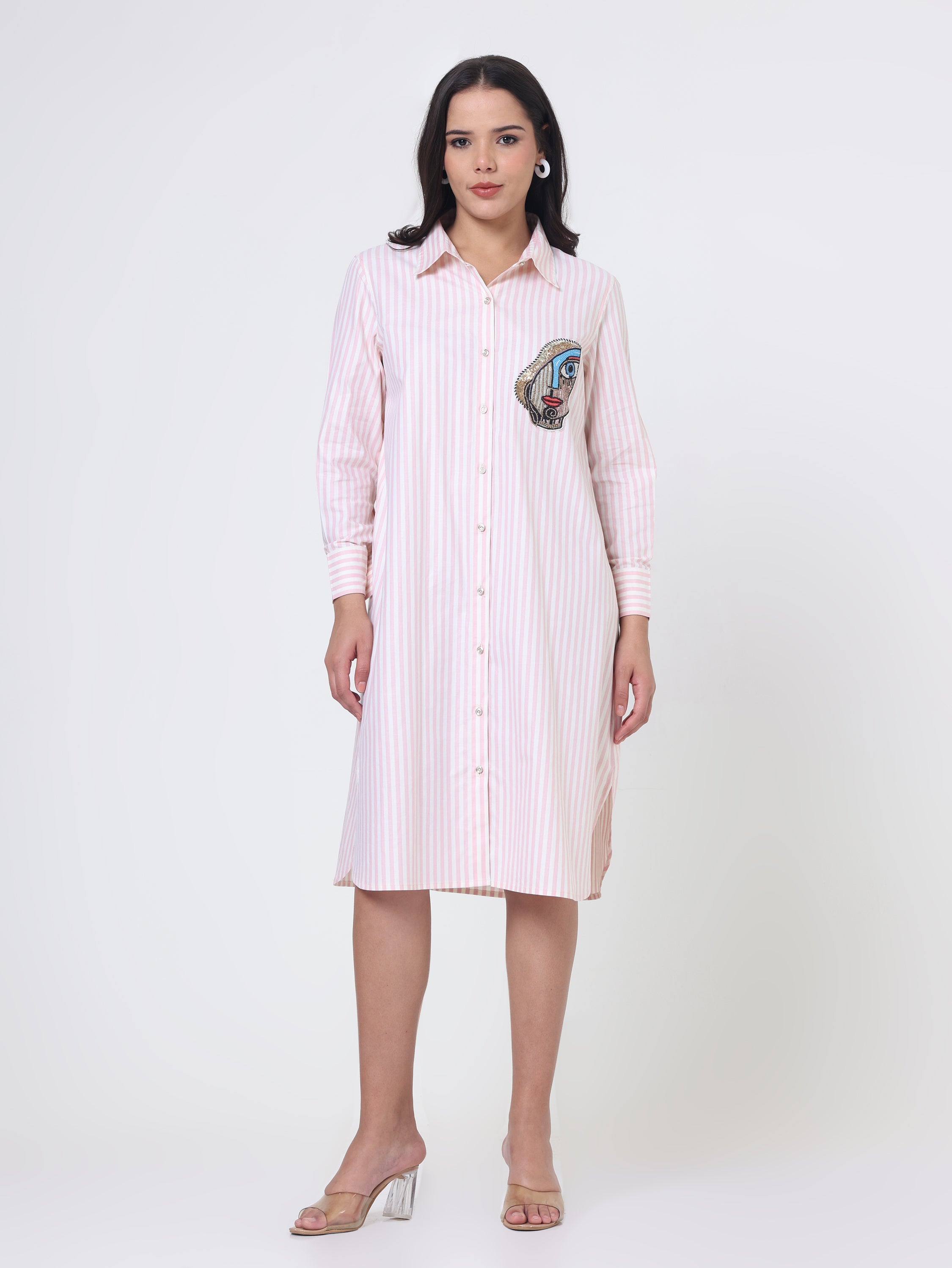 Shirt dress with Bead Embroidery patch in Stripe cotton