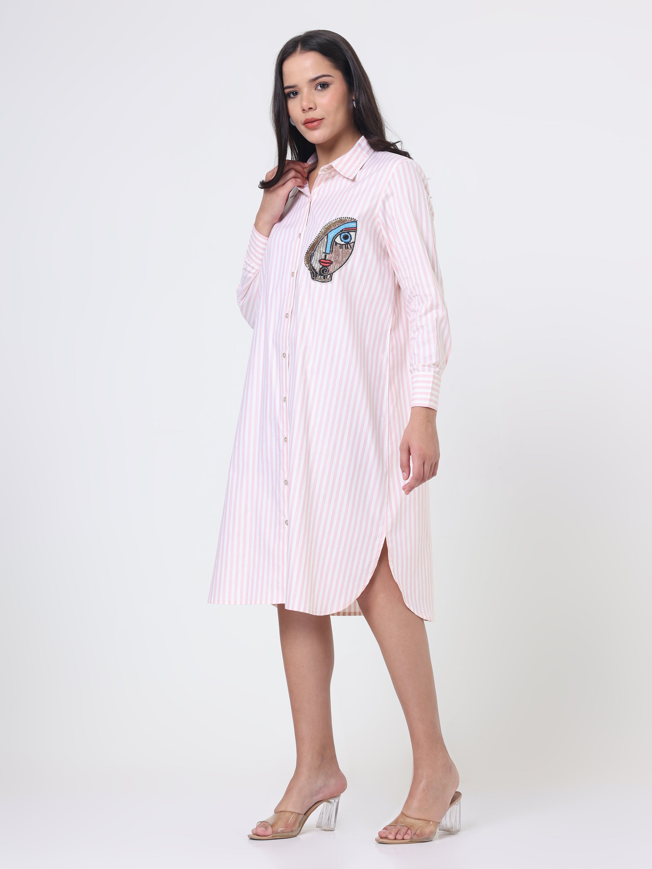 Shirt dress with Bead Embroidery patch in Stripe cotton
