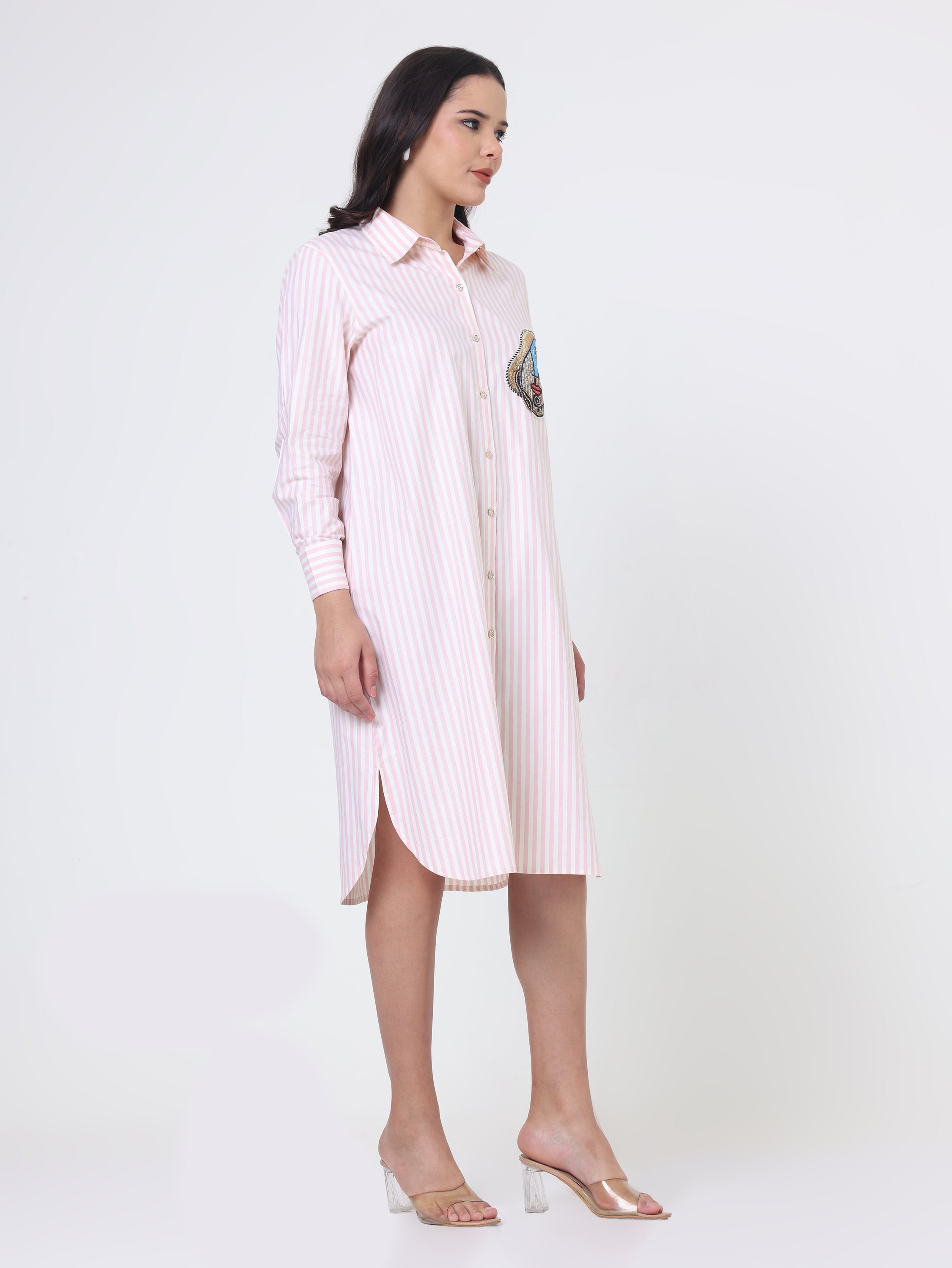 Shirt dress with Bead Embroidery patch in Stripe cotton