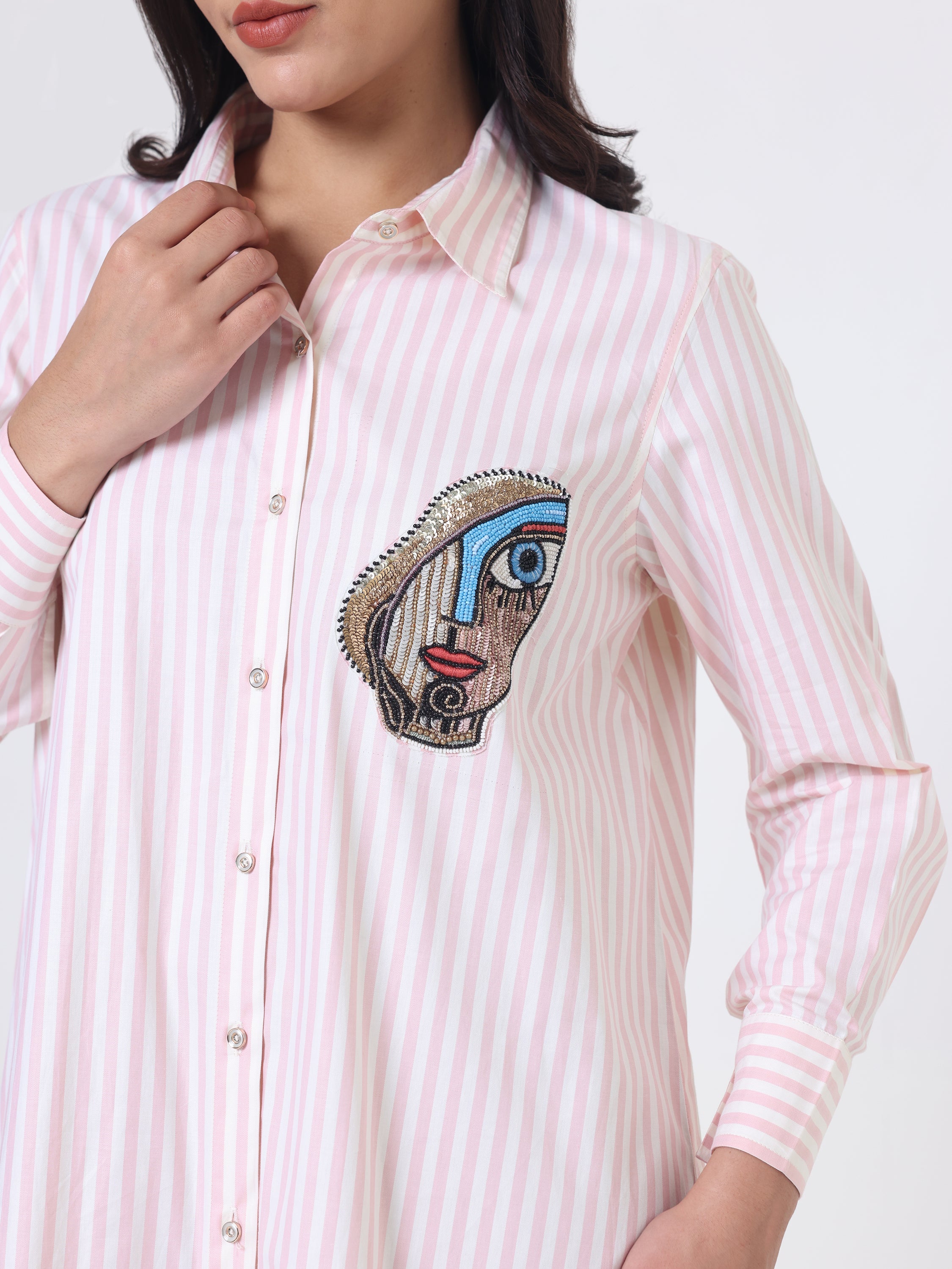 Shirt dress with Bead Embroidery patch in Stripe cotton