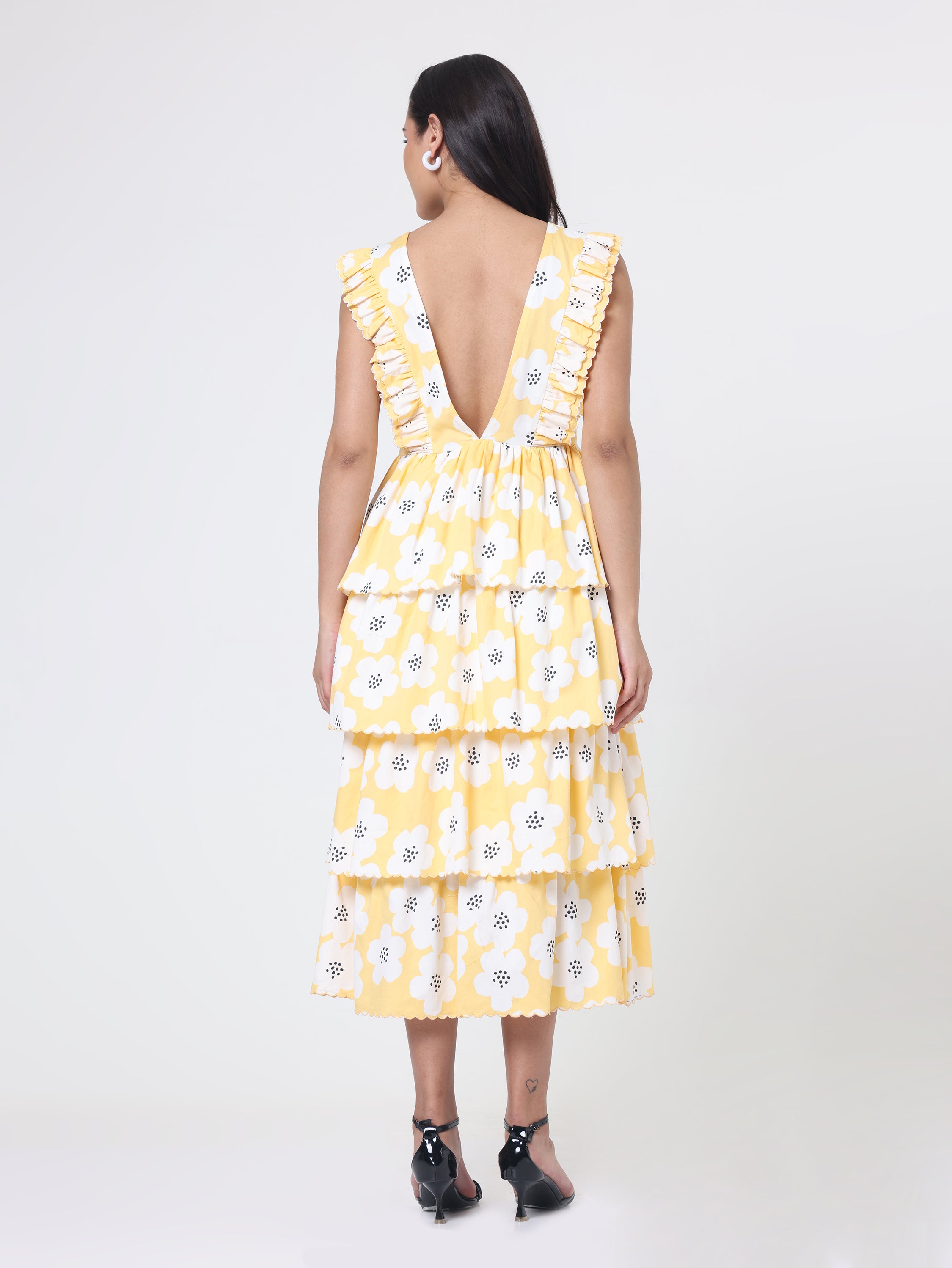 Description: Floral Printed tier dress with Embroidery patch with scallop details and a deep back