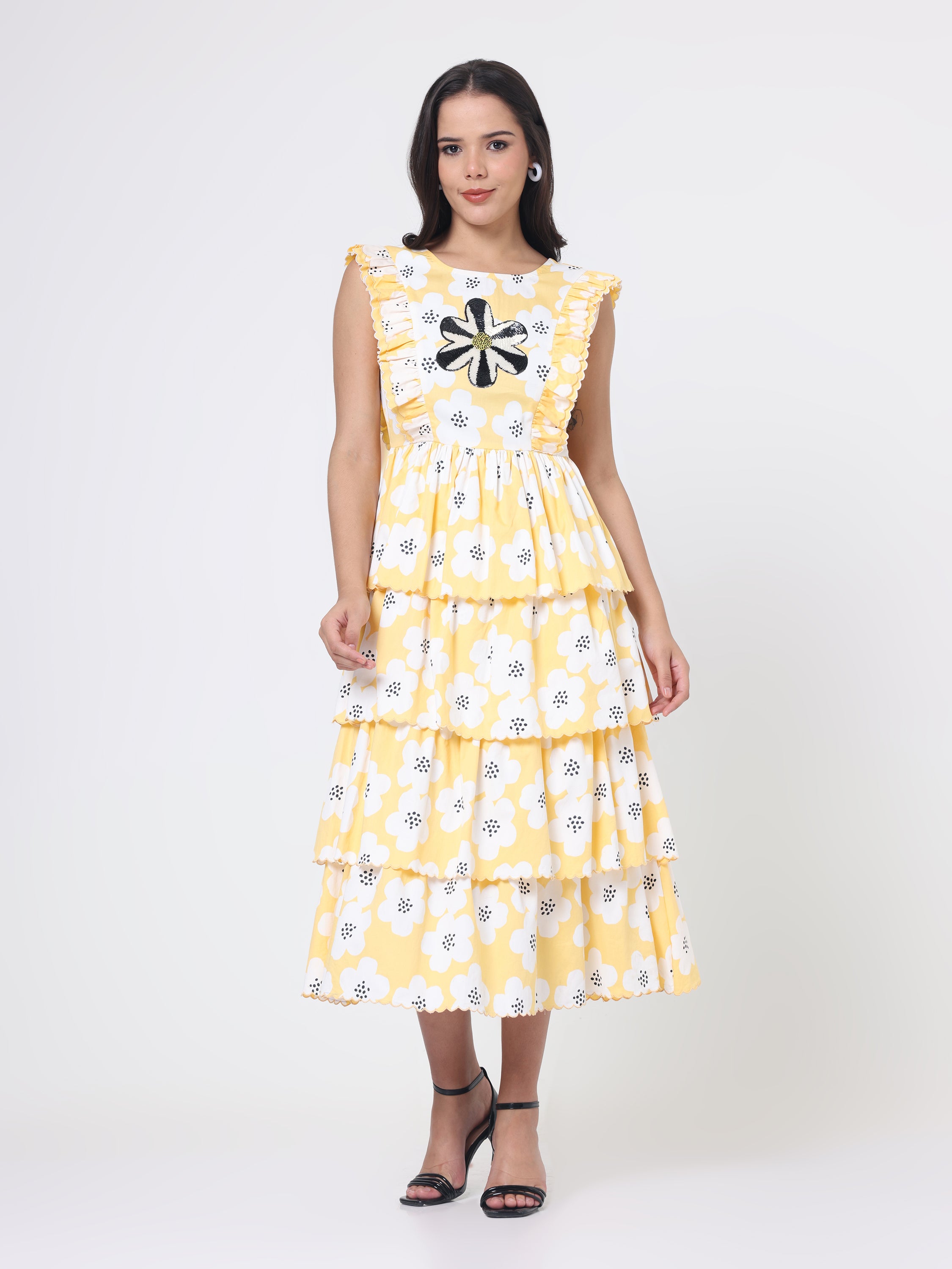 Description: Floral Printed tier dress with Embroidery patch with scallop details and a deep back