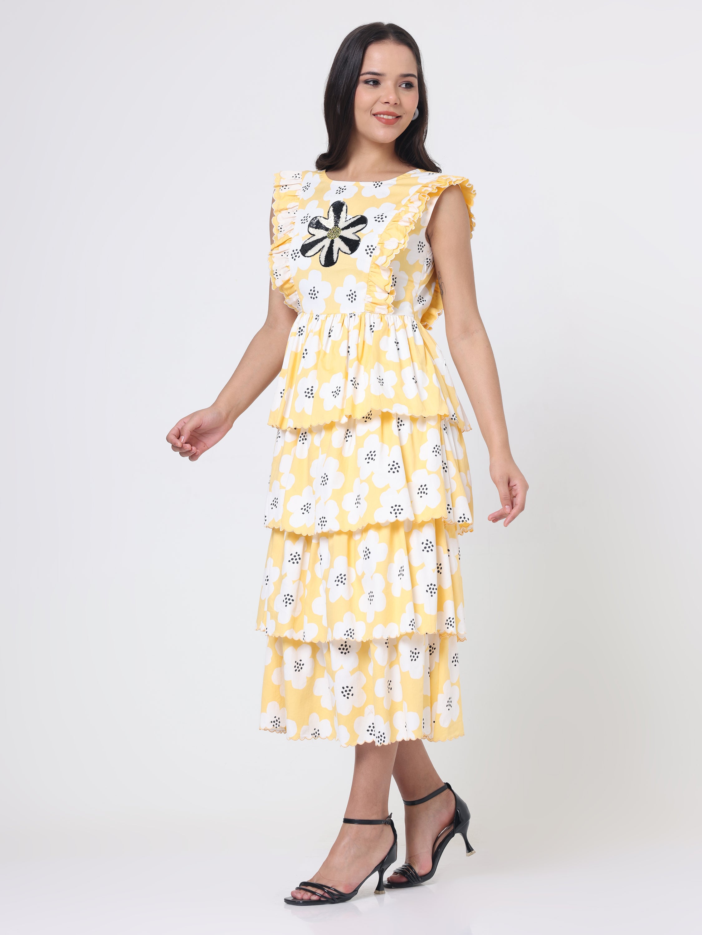 Description: Floral Printed tier dress with Embroidery patch with scallop details and a deep back