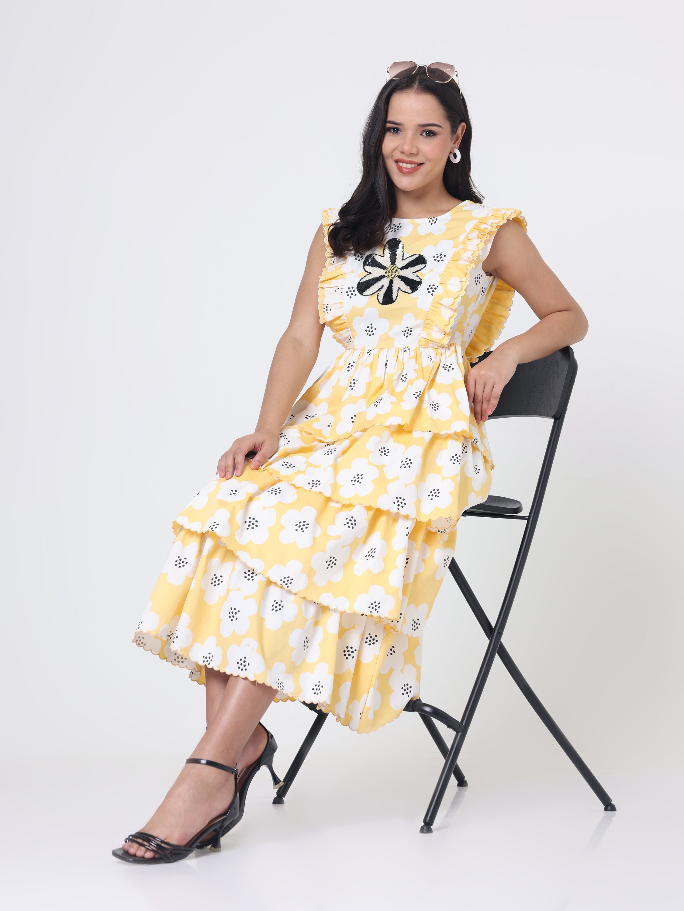 Description: Floral Printed tier dress with Embroidery patch with scallop details and a deep back