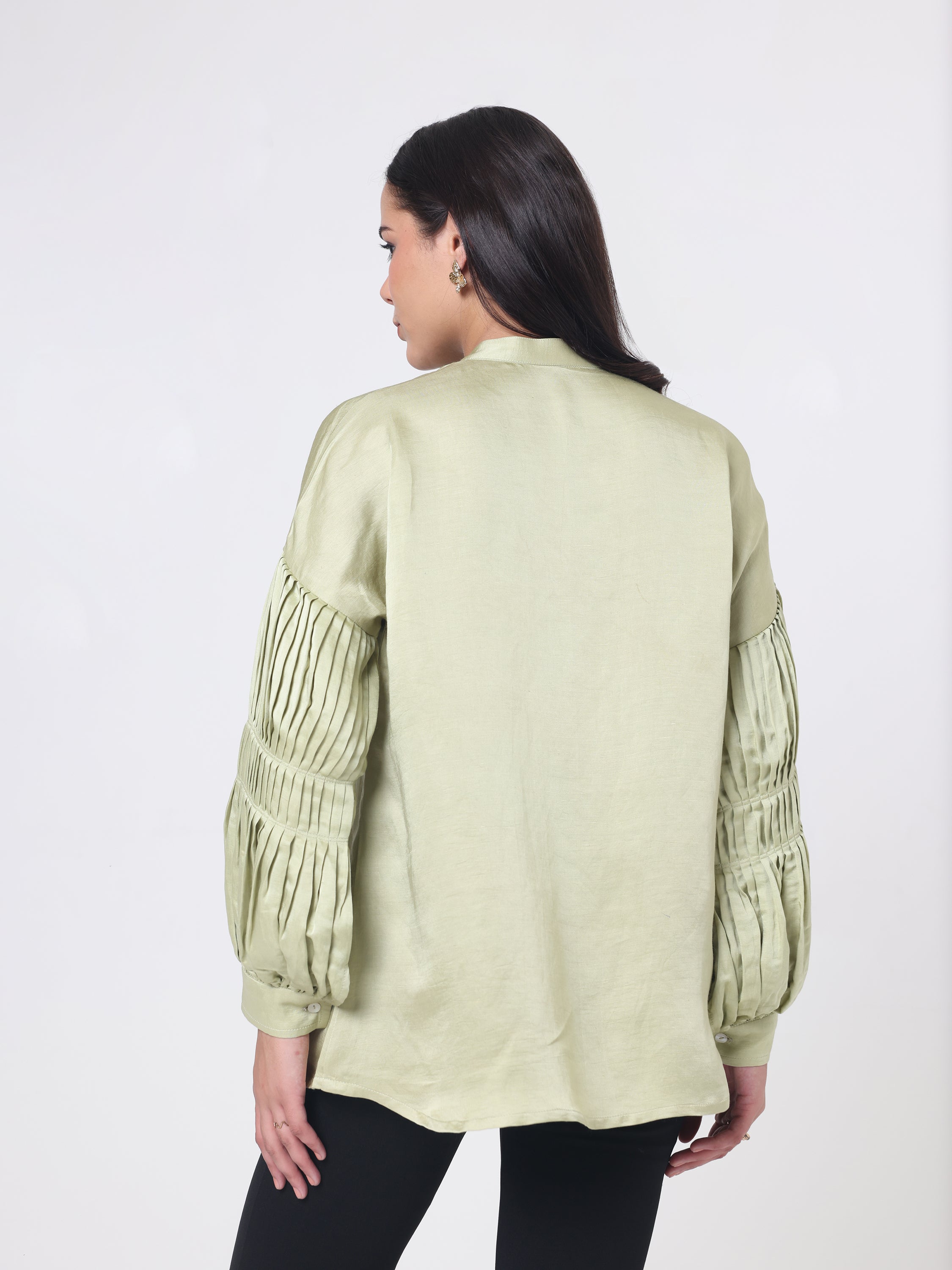 Linen Satin Shirt with&nbsp; Embroidery patch &amp; Sleeve Details&nbsp;