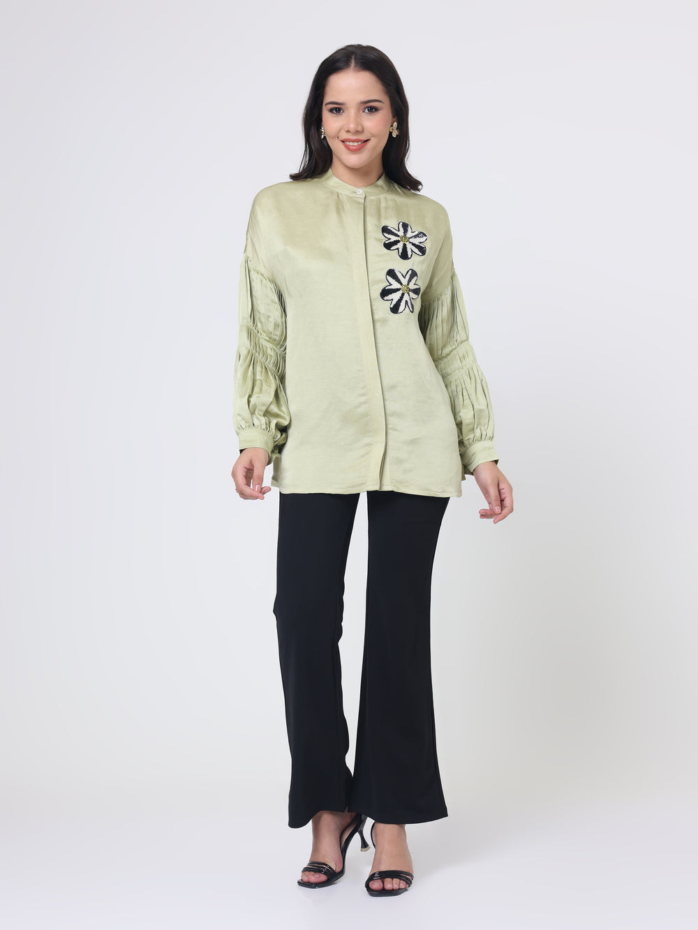 Linen Satin Shirt with&nbsp; Embroidery patch &amp; Sleeve Details&nbsp;