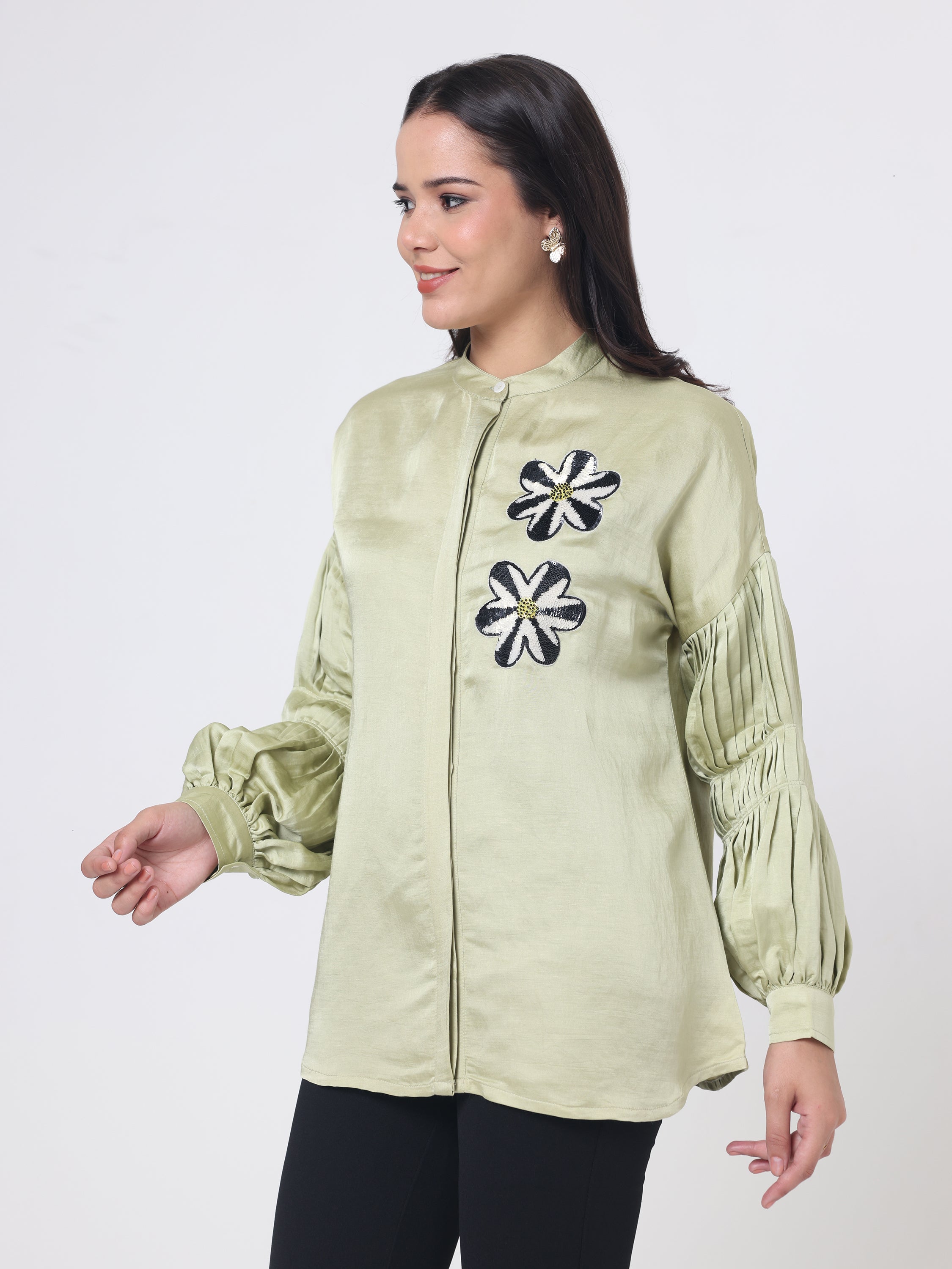 Linen Satin Shirt with&nbsp; Embroidery patch &amp; Sleeve Details&nbsp;