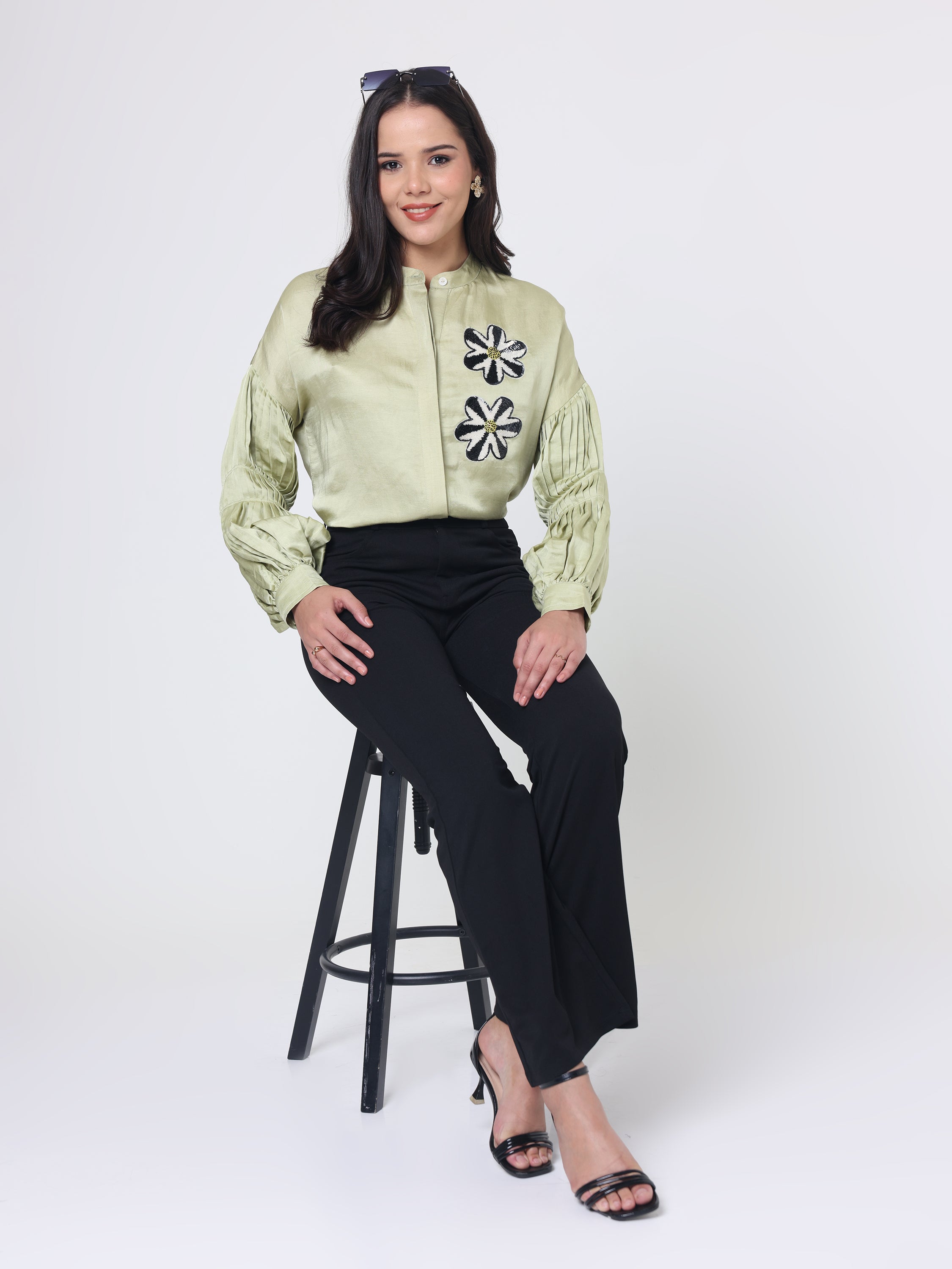 Linen Satin Shirt with&nbsp; Embroidery patch &amp; Sleeve Details&nbsp;