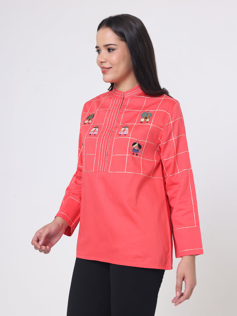 Checkered Shirt with Japanese motif embroidery