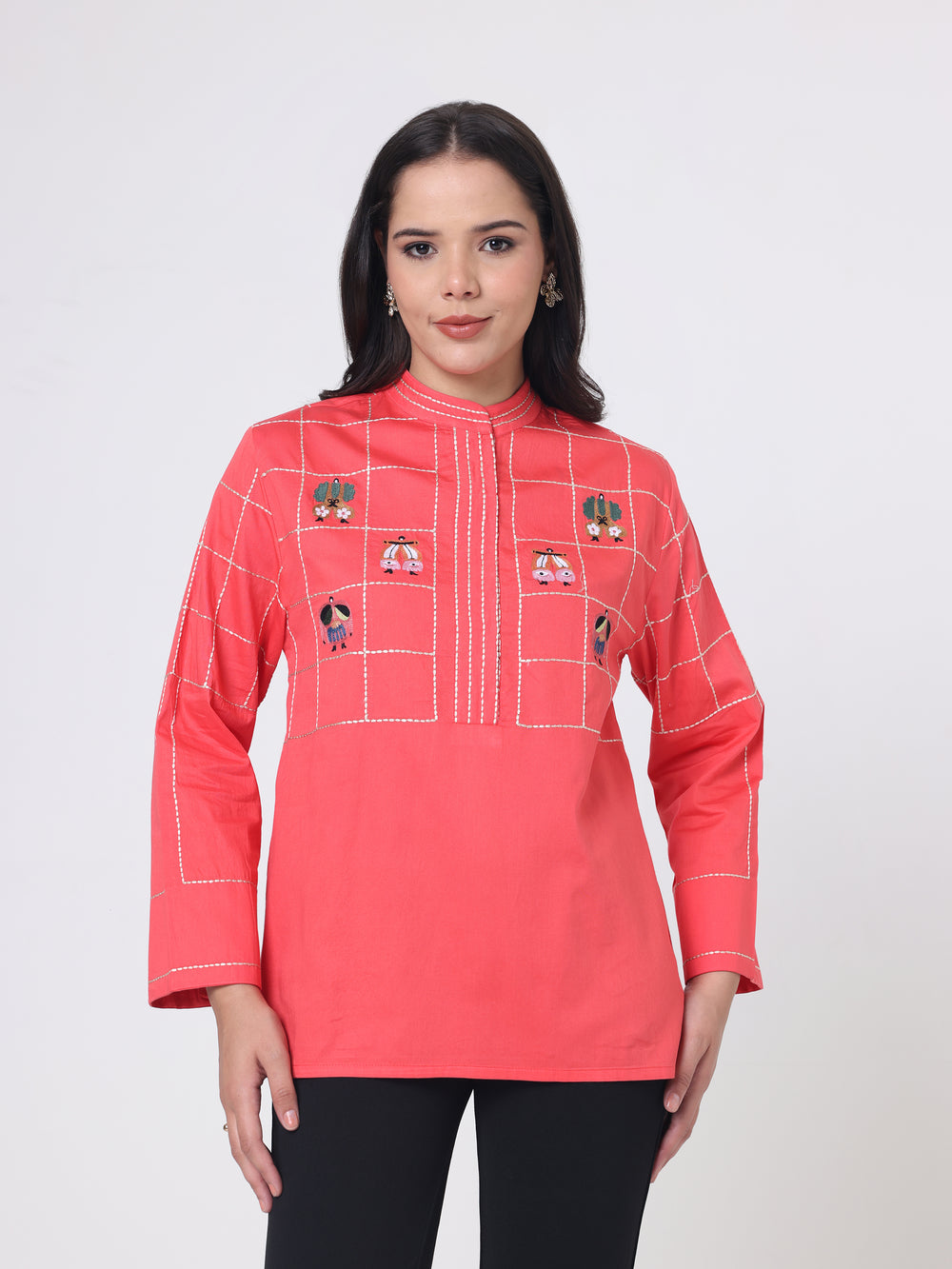 Checkered Shirt with Japanese motif embroidery