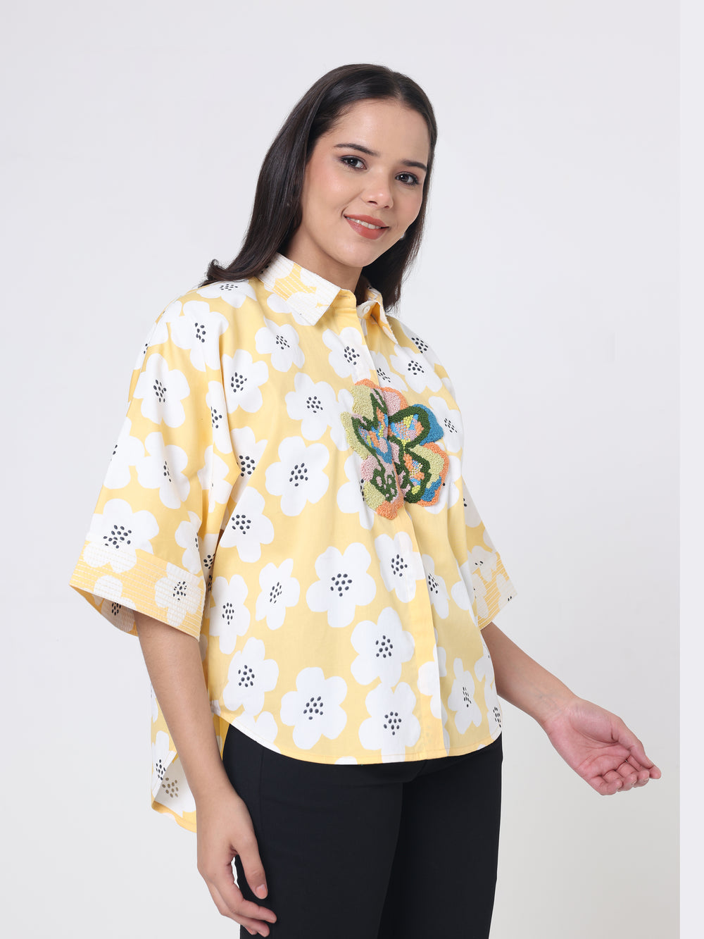 Shirt with Thread, Bead and sequin Flower embroidery