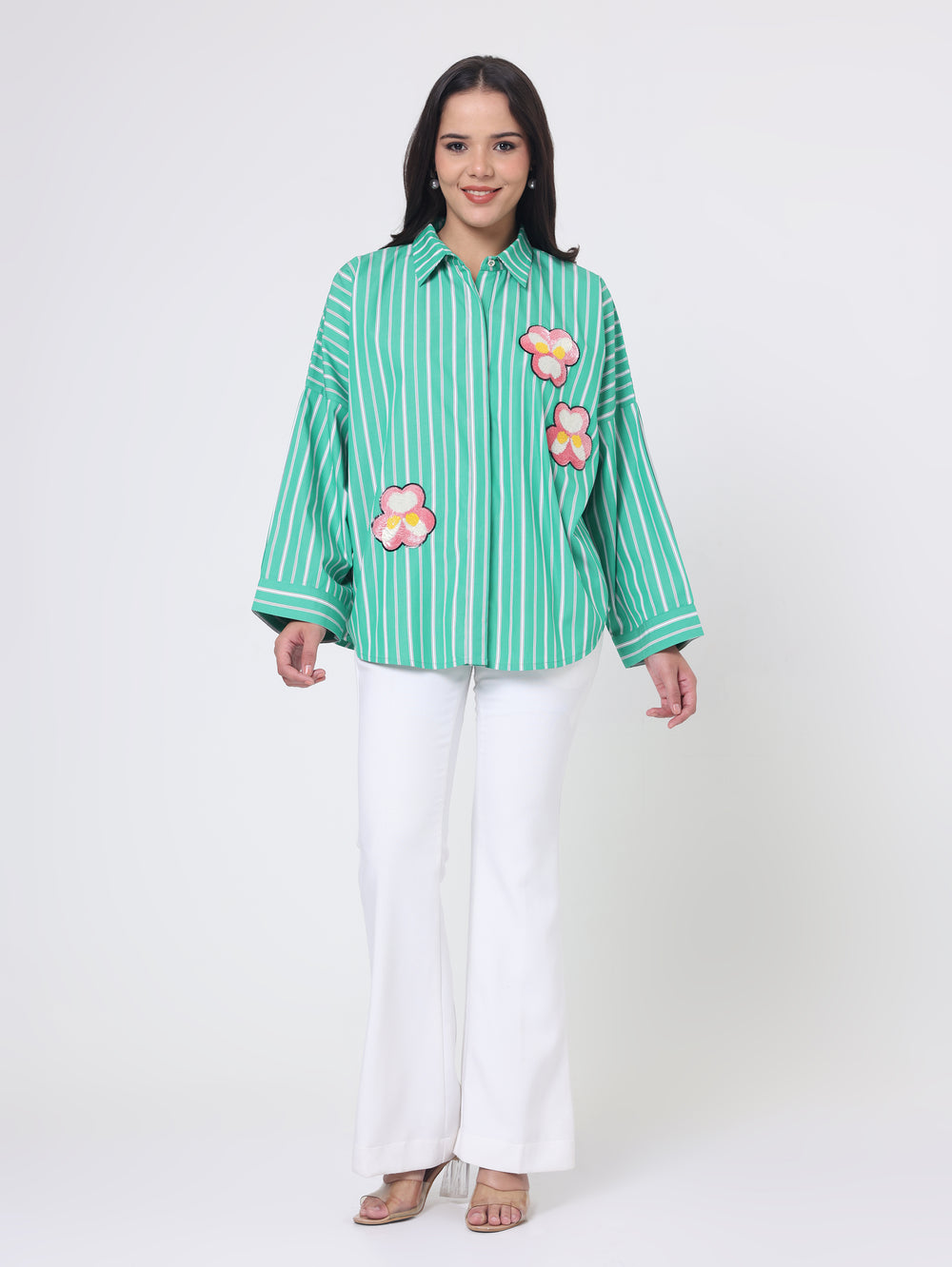 Stripe Shirt with Floral Embroidery patch