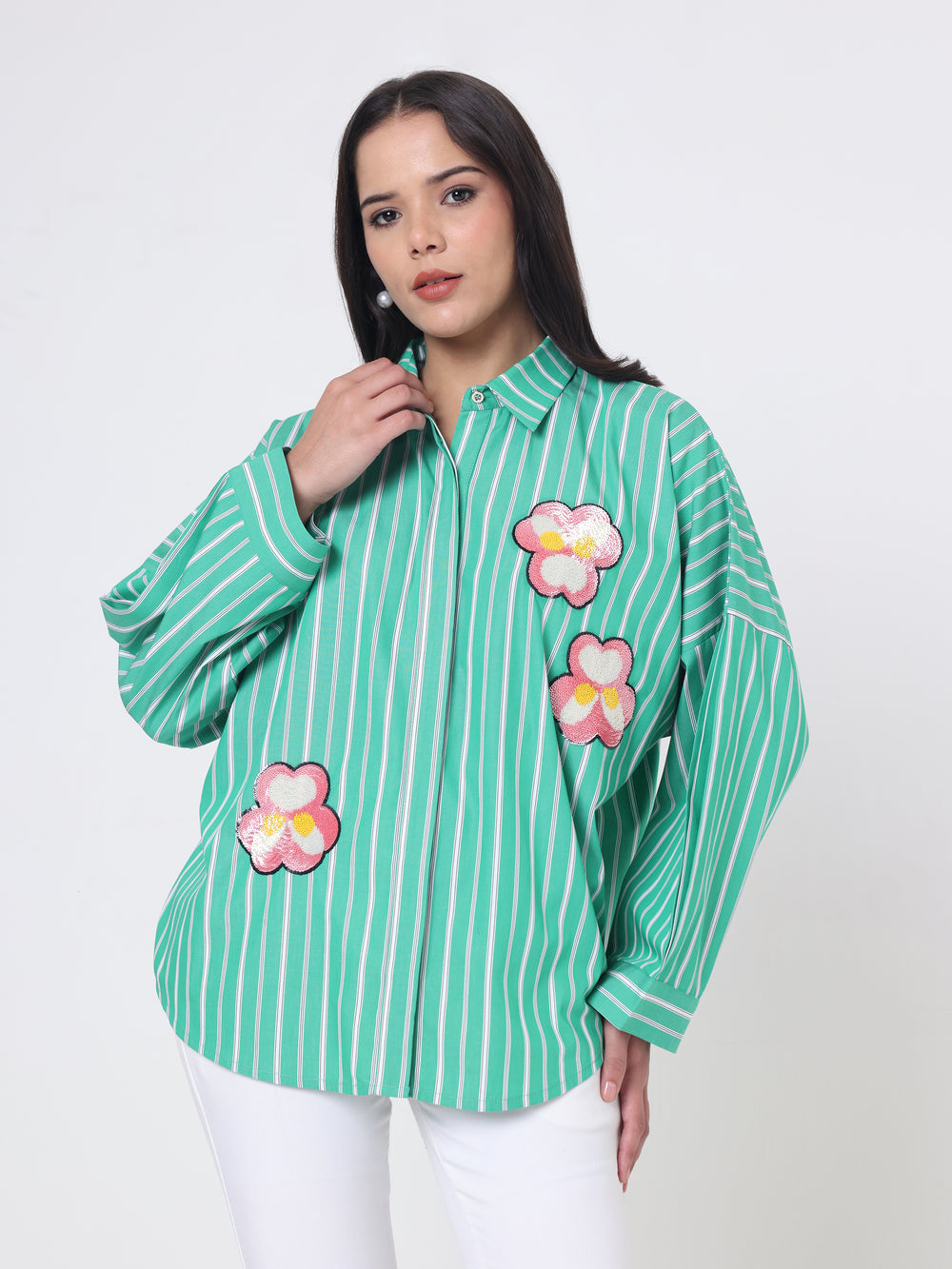 Stripe Shirt with Floral Embroidery patch