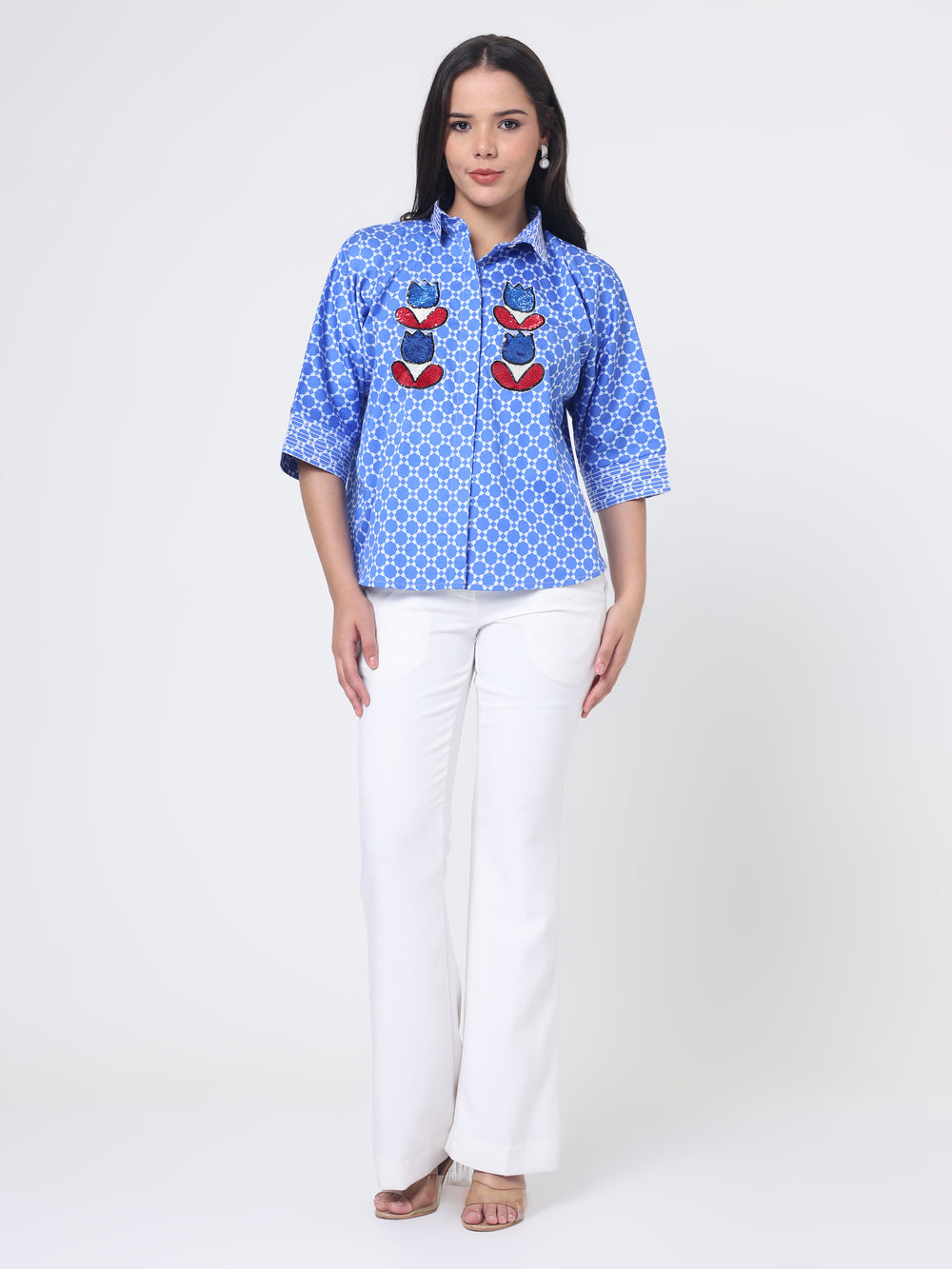 Print Shirt with Floral Embroidery patch