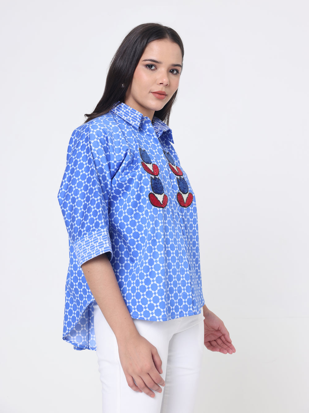 Print Shirt with Floral Embroidery patch