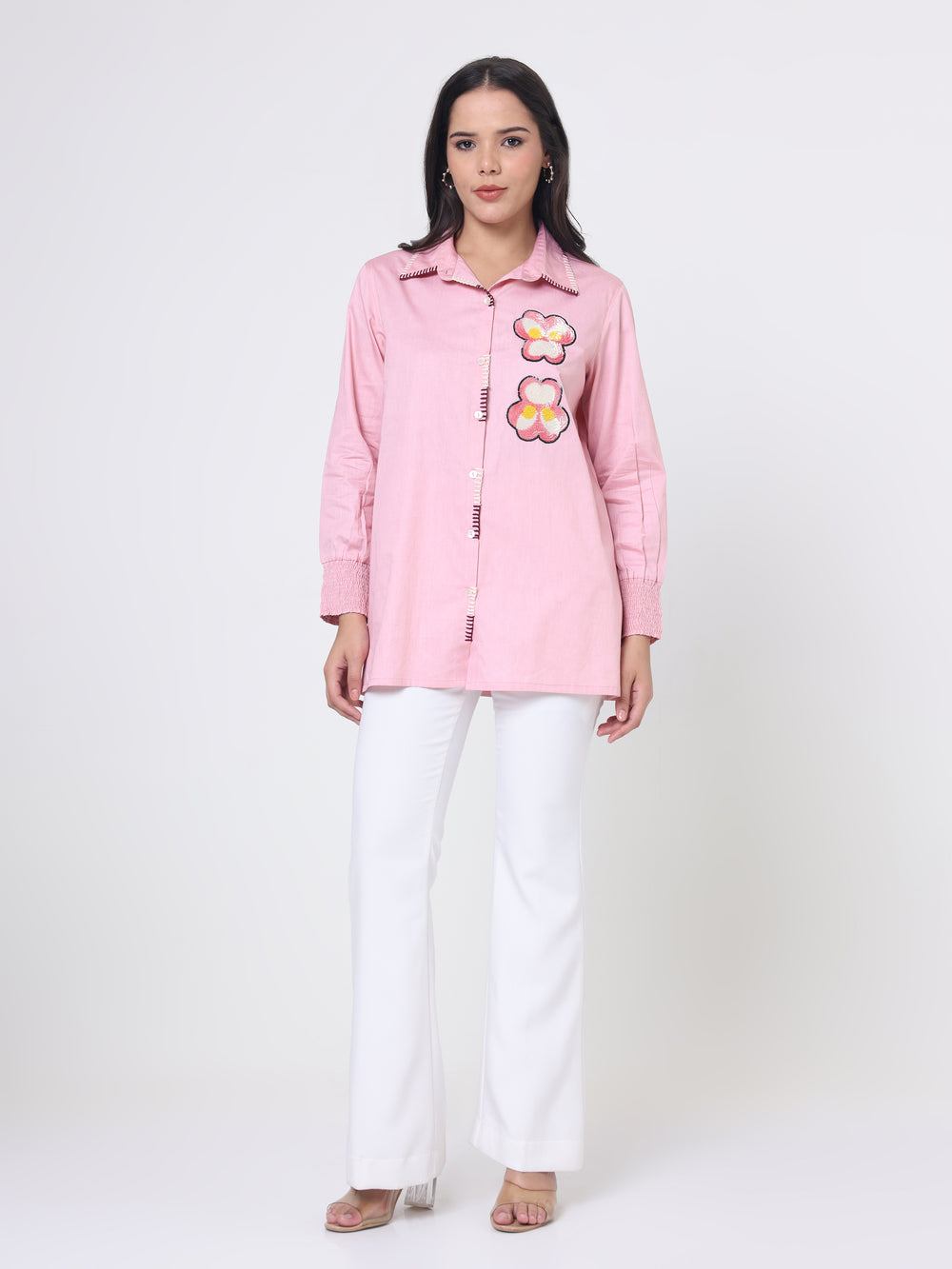 Cotton Satin Shirt with Embroidery patch  Sleeve Details