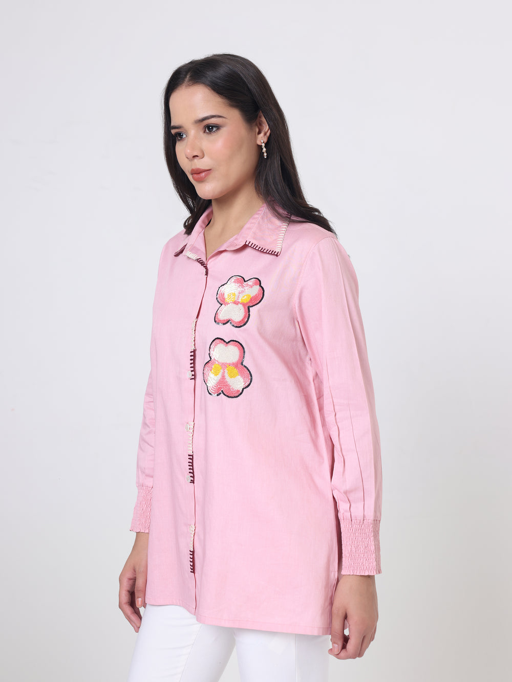 Cotton Satin Shirt with Embroidery patch  Sleeve Details