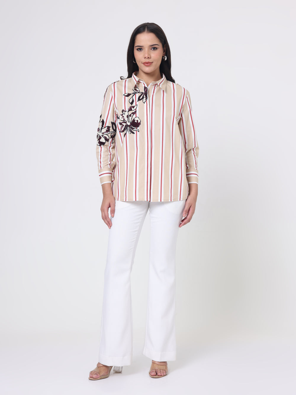 Stripe Pattern Shirt with Sequin Embroidery