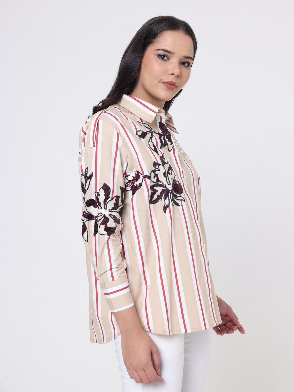 Stripe Pattern Shirt with Sequin Embroidery