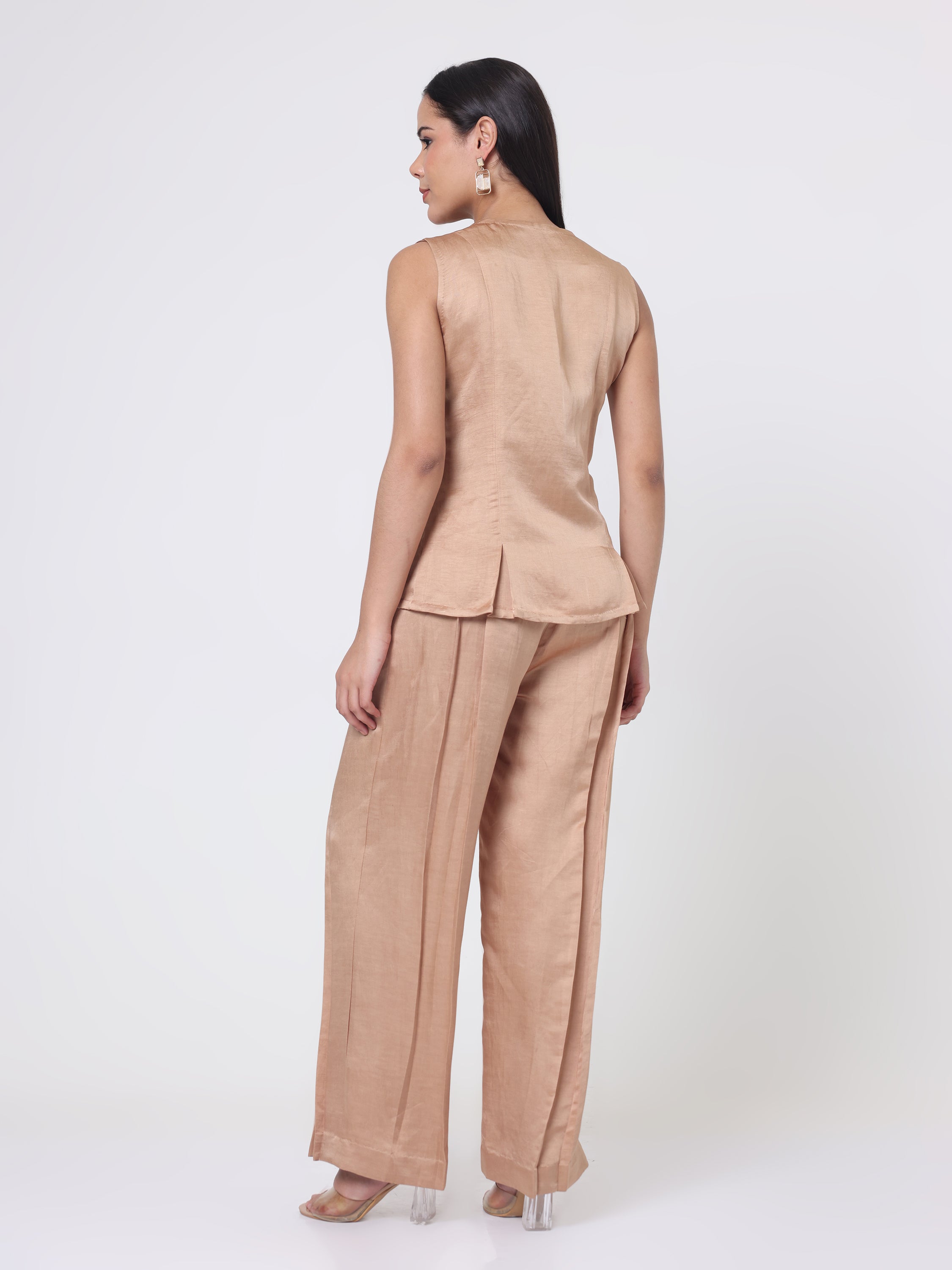Coord set with embroidered pocket patch detailing and pleated flared pants