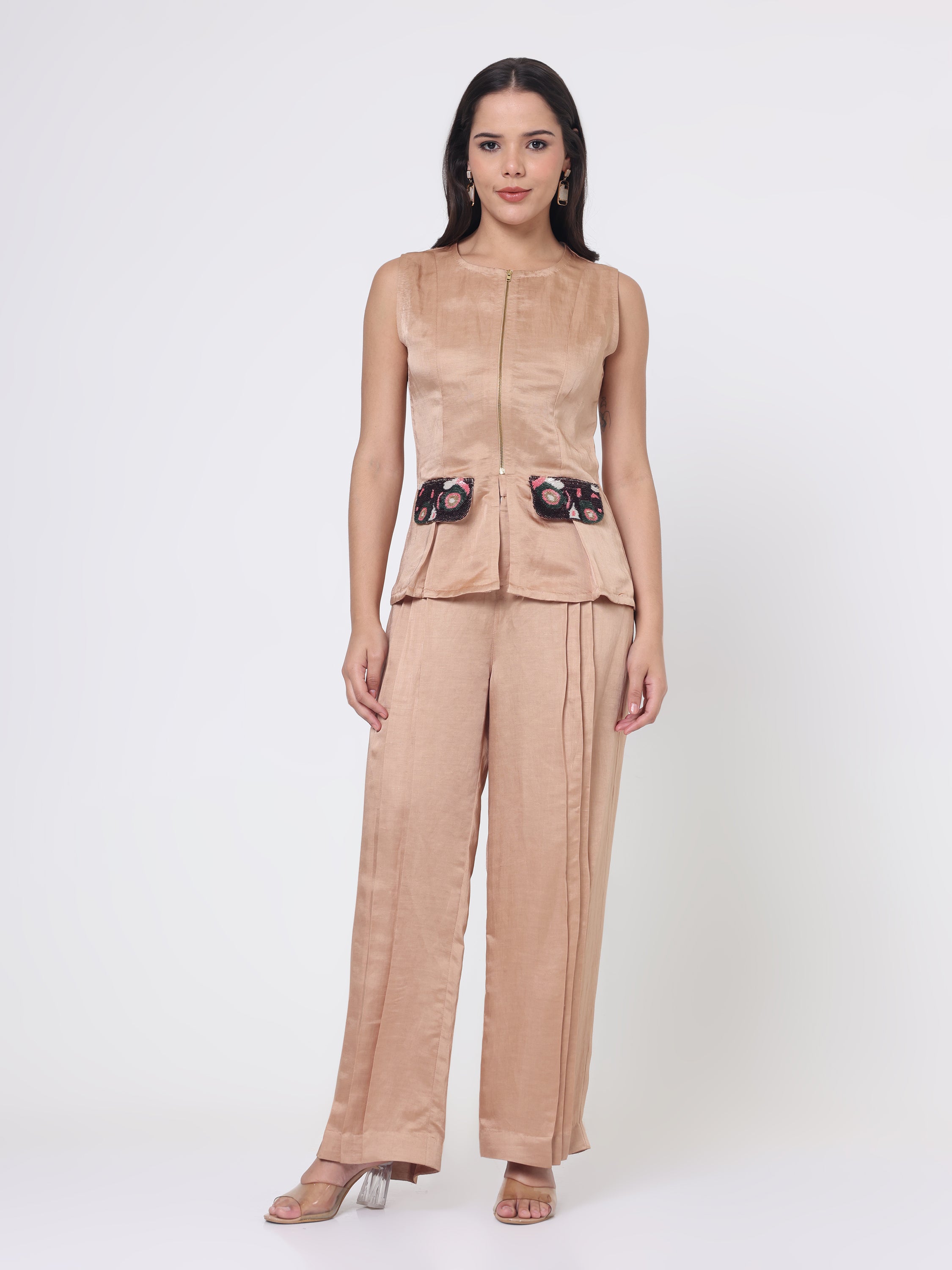 Coord set with embroidered pocket patch detailing and pleated flared pants